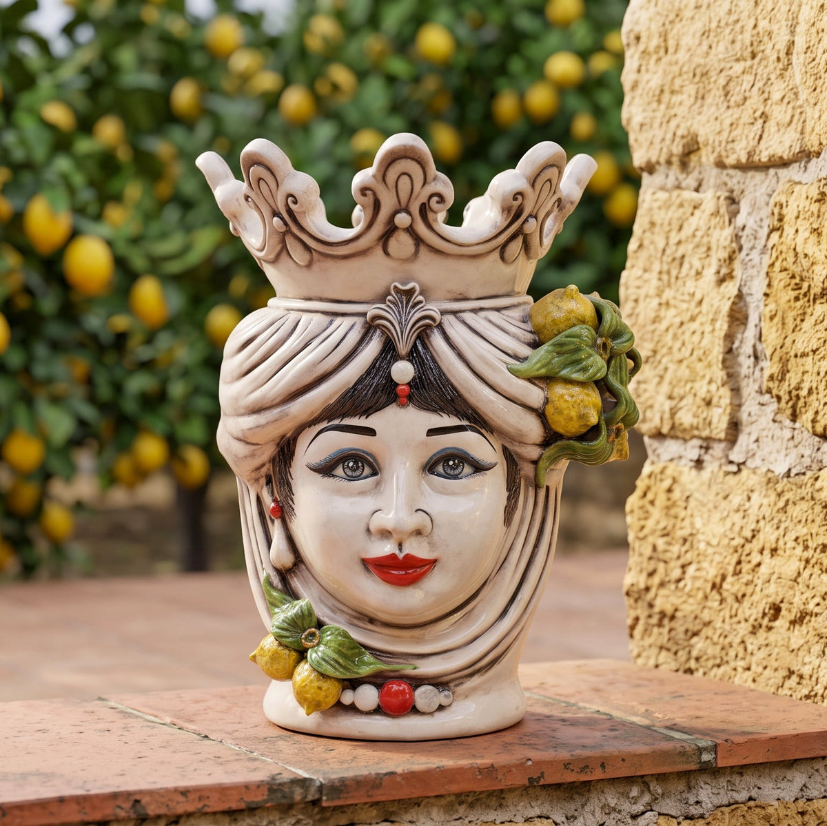 Moor's Head Vase with Lemons H 40 cm / 15¾", Woman, Colored Mother of Pearl – Testa di Moro from Caltagirone, Sicily