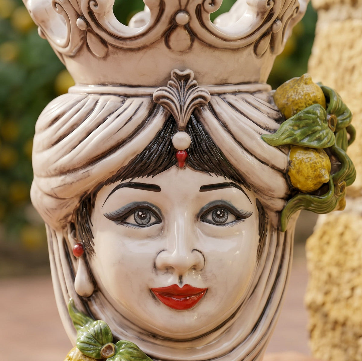 Moor's Head Vase with Lemons H 40 cm / 15¾", Woman, Colored Mother of Pearl – Testa di Moro from Caltagirone, Sicily