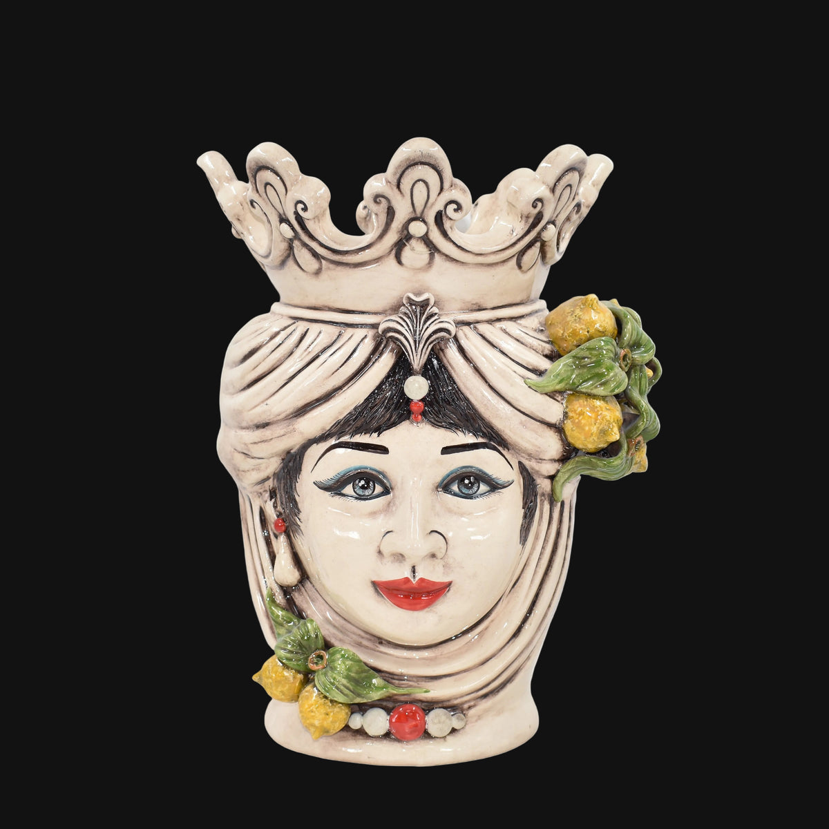 Moor's Head Vase with Lemons H 40 cm / 15¾", Woman, Colored Mother of Pearl – Testa di Moro from Caltagirone, Sicily