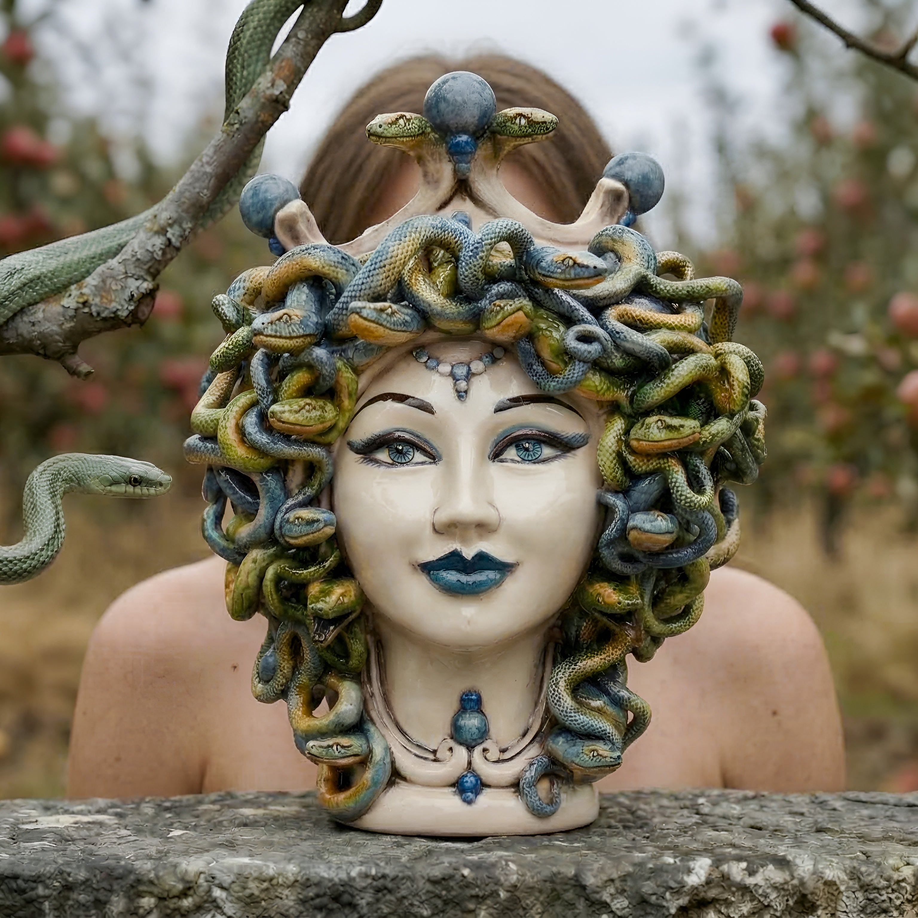 Medusa Head Vase H 30 cm / 11.8", Antique Mother of Pearl – Testa di Moro from Caltagirone, Sicily