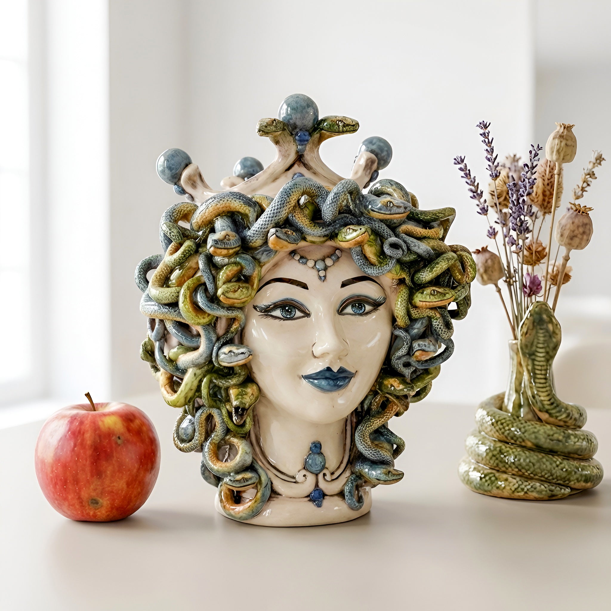 Medusa Head Vase H 30 cm / 11.8", Antique Mother of Pearl – Testa di Moro from Caltagirone, Sicily