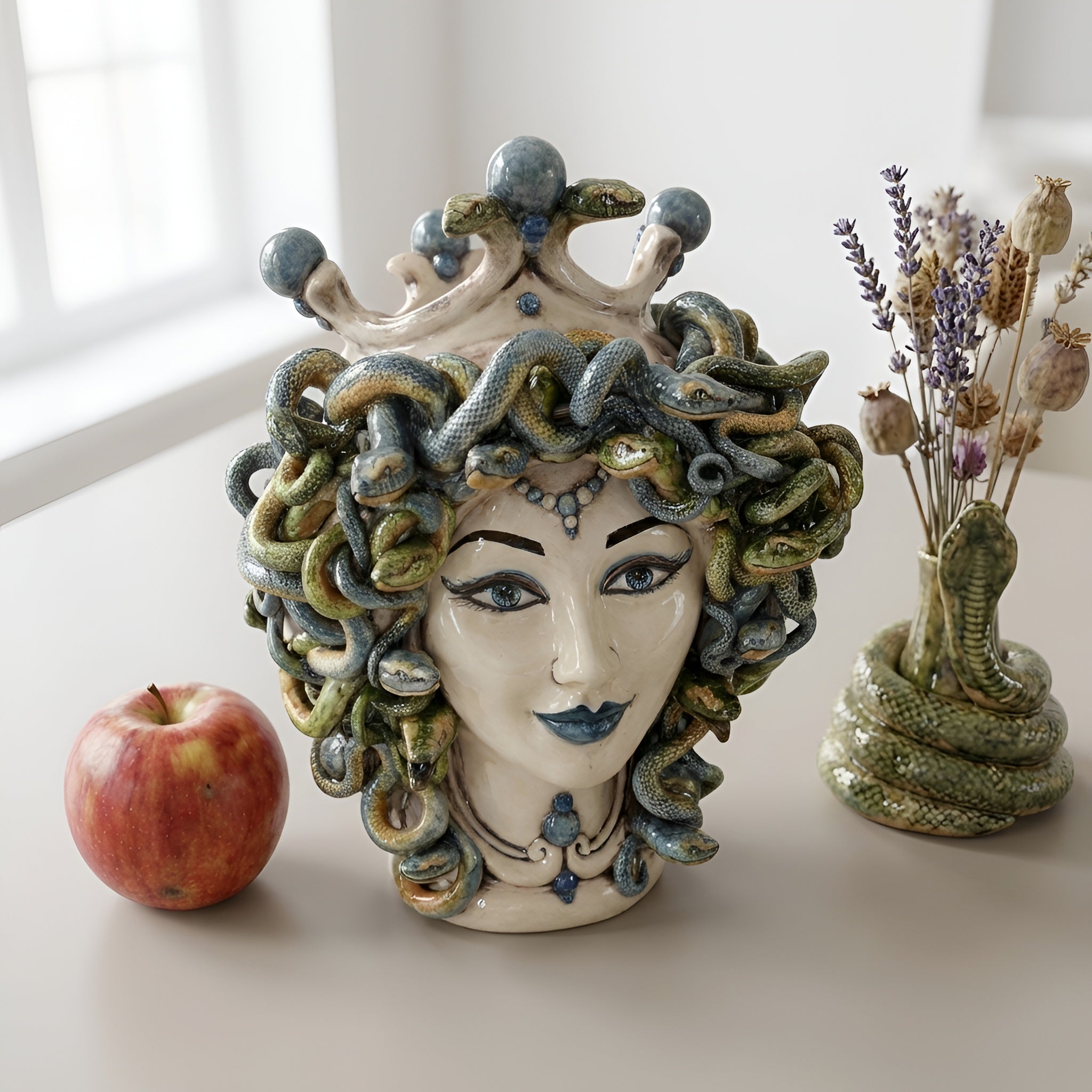 Medusa Head Vase H 30 cm / 11.8", Antique Mother of Pearl – Testa di Moro from Caltagirone, Sicily