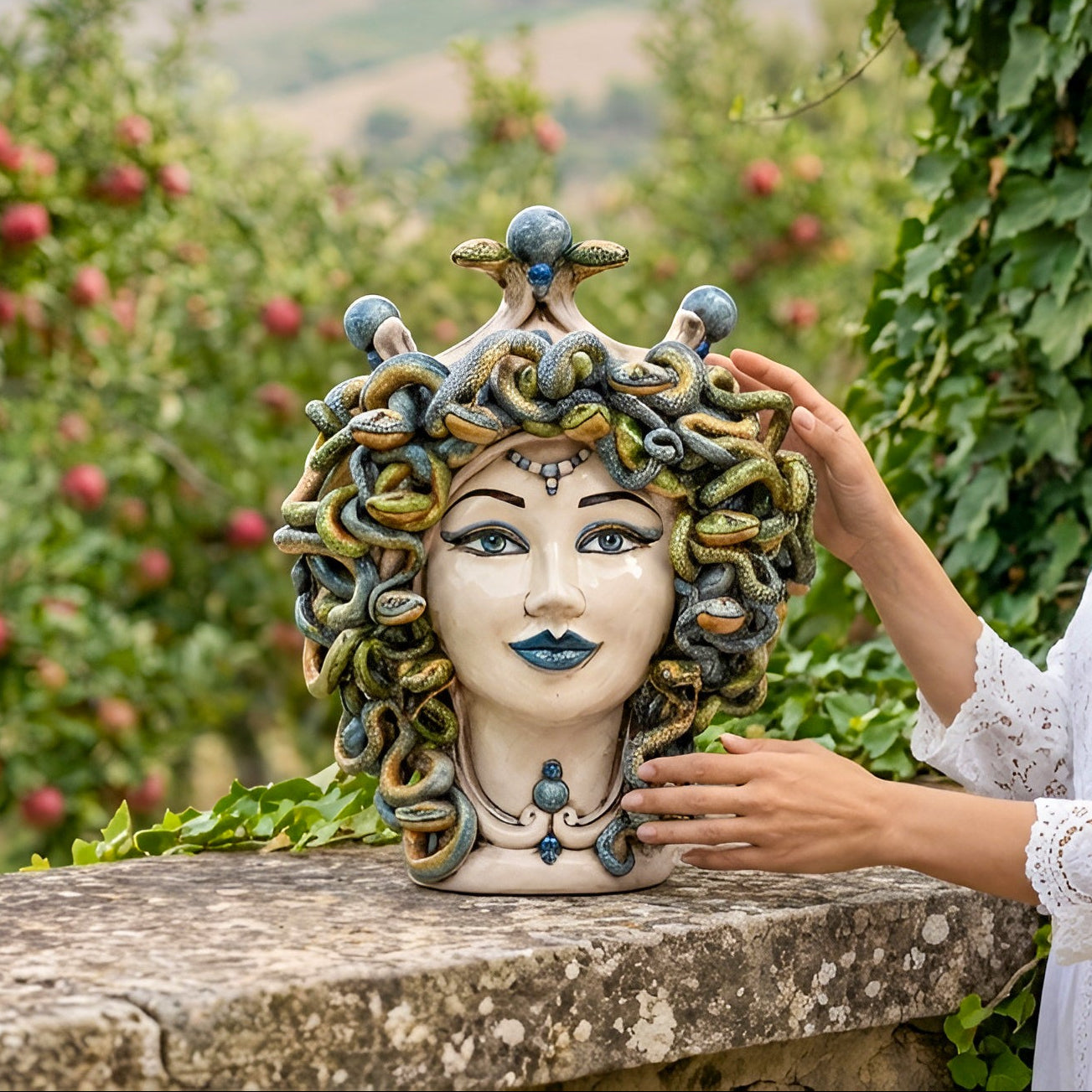 Medusa Head Vase H 30 cm / 11.8", Antique Mother of Pearl – Testa di Moro from Caltagirone, Sicily