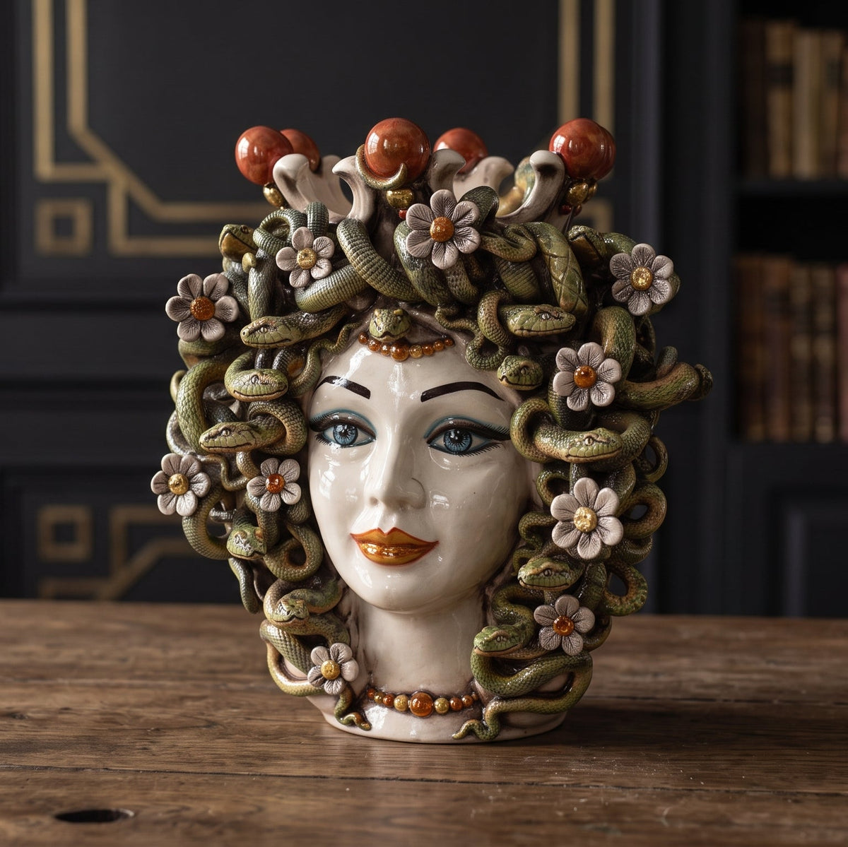 Medusa Head Vase with Flowers H 38 cm / 15", Antique Mother of Pearl, Gold and Lustres – Testa di Moro from Caltagirone, Sicily