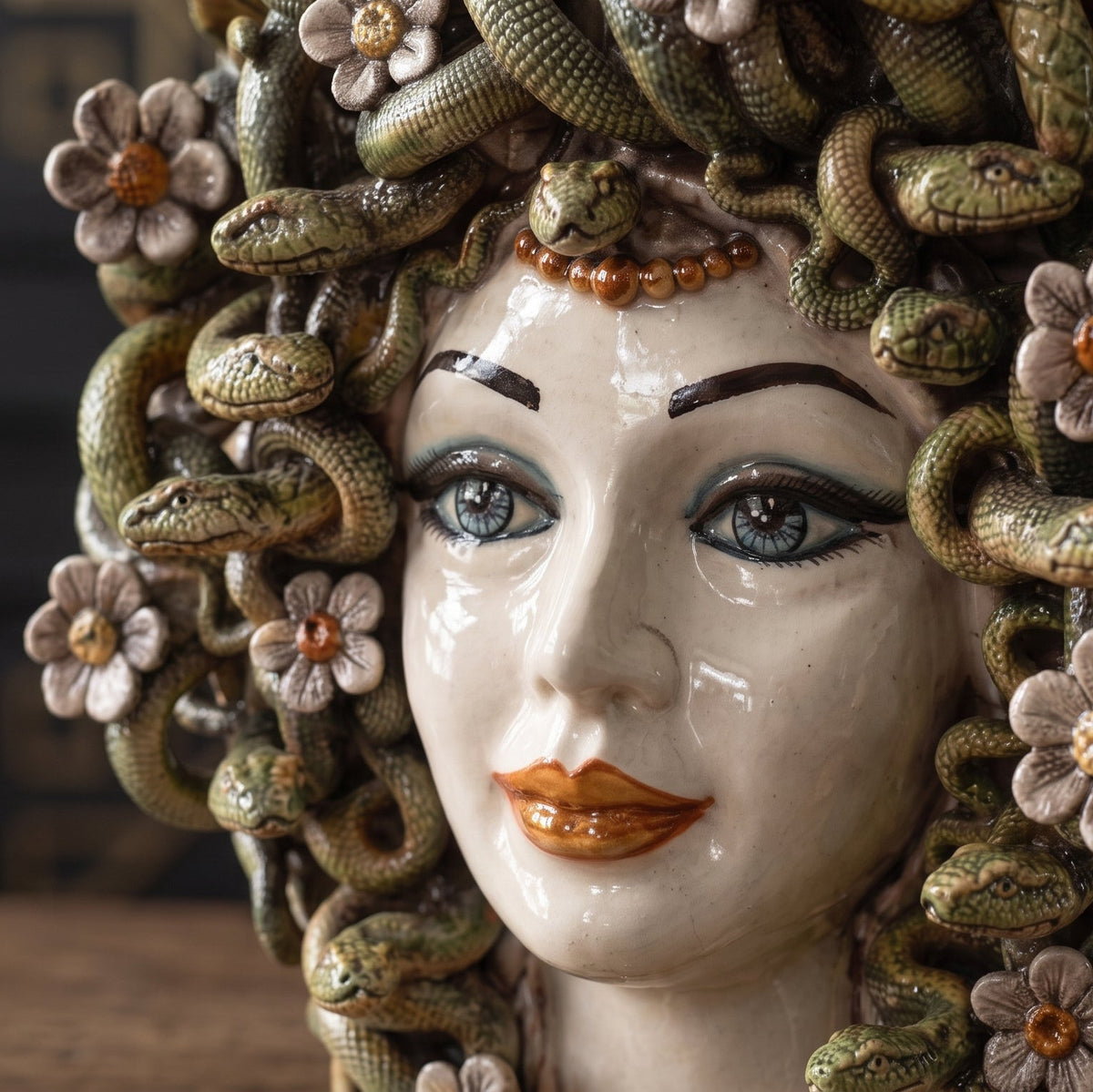 Medusa Head Vase with Flowers H 38 cm / 15", Antique Mother of Pearl, Gold and Lustres – Testa di Moro from Caltagirone, Sicily