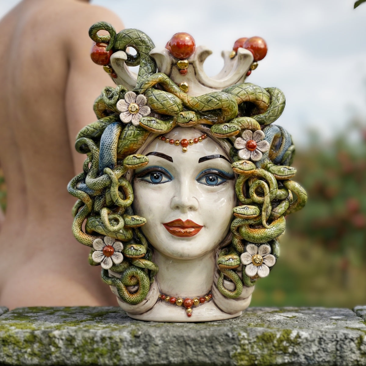 Medusa Head Vase with Flowers H 38 cm / 15", Antique Mother of Pearl, Gold and Lustres – Testa di Moro from Caltagirone, Sicily