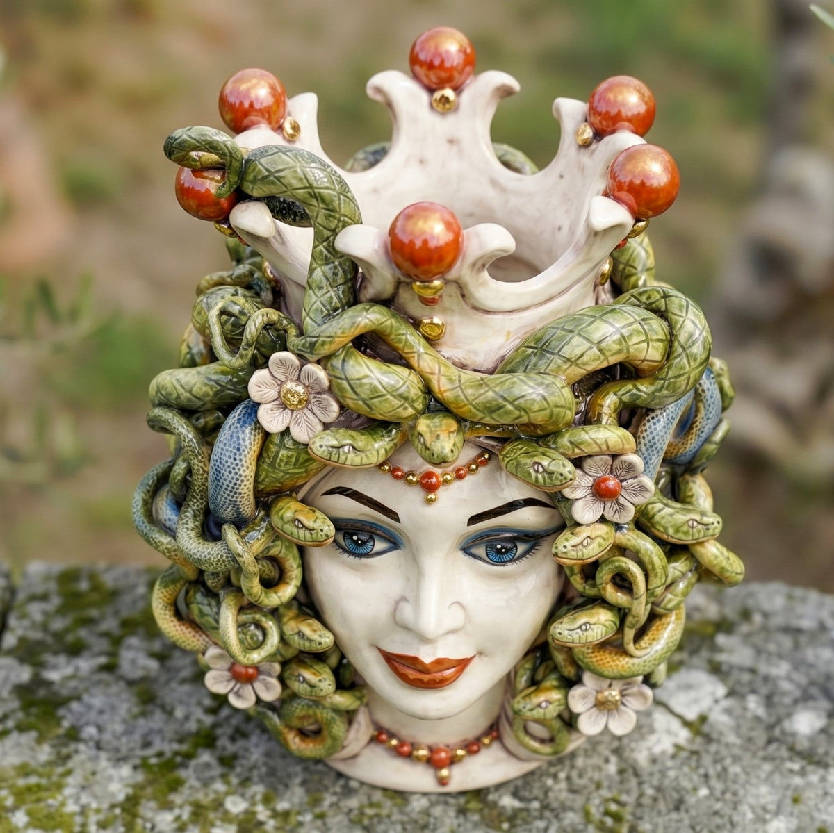 Medusa Head Vase with Flowers H 38 cm / 15", Antique Mother of Pearl, Gold and Lustres – Testa di Moro from Caltagirone, Sicily