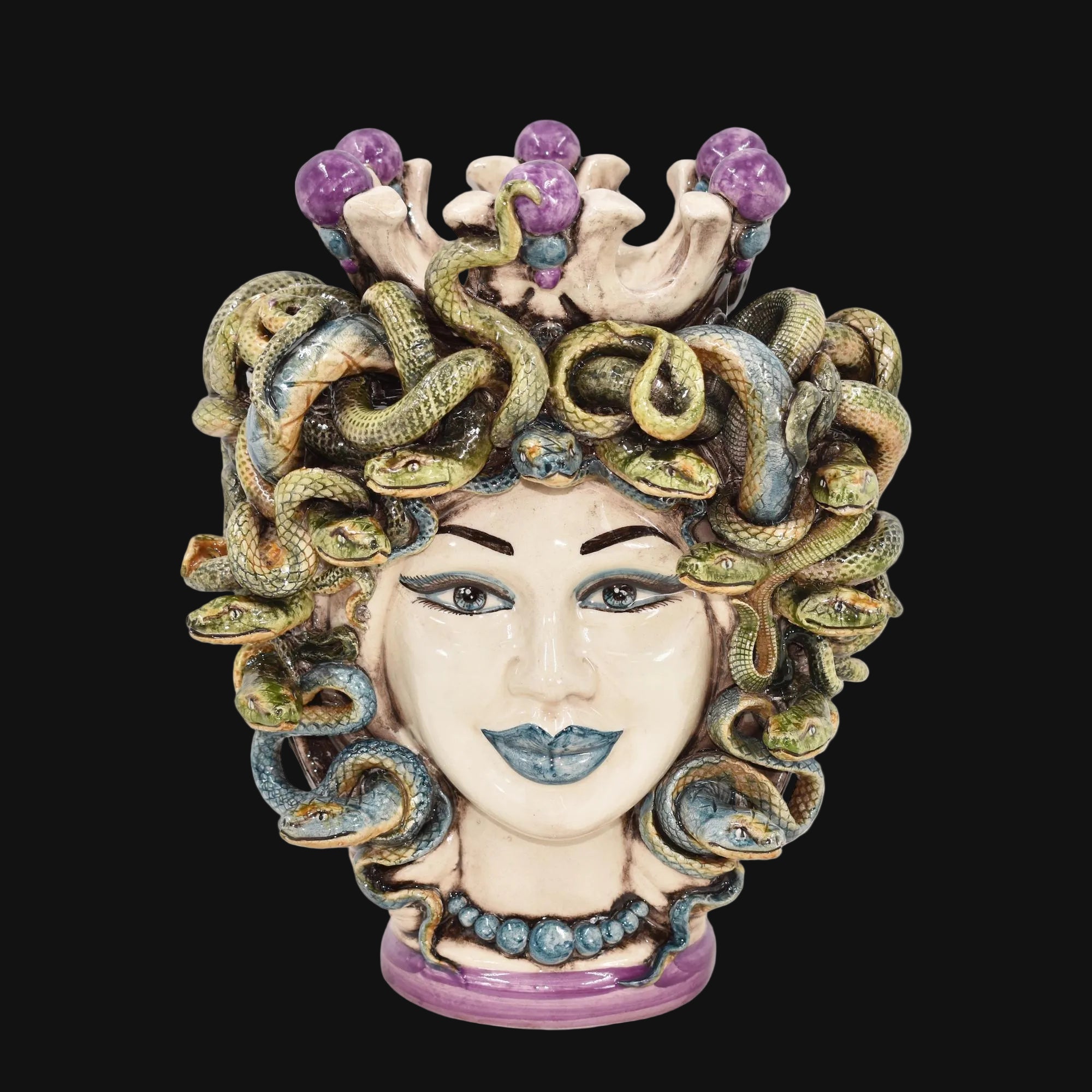 Testa di Moro Turban Medusa H 25 cm / 9¾" — Mother of Pearl with Wisteria Beads | Sicilian Ceramic