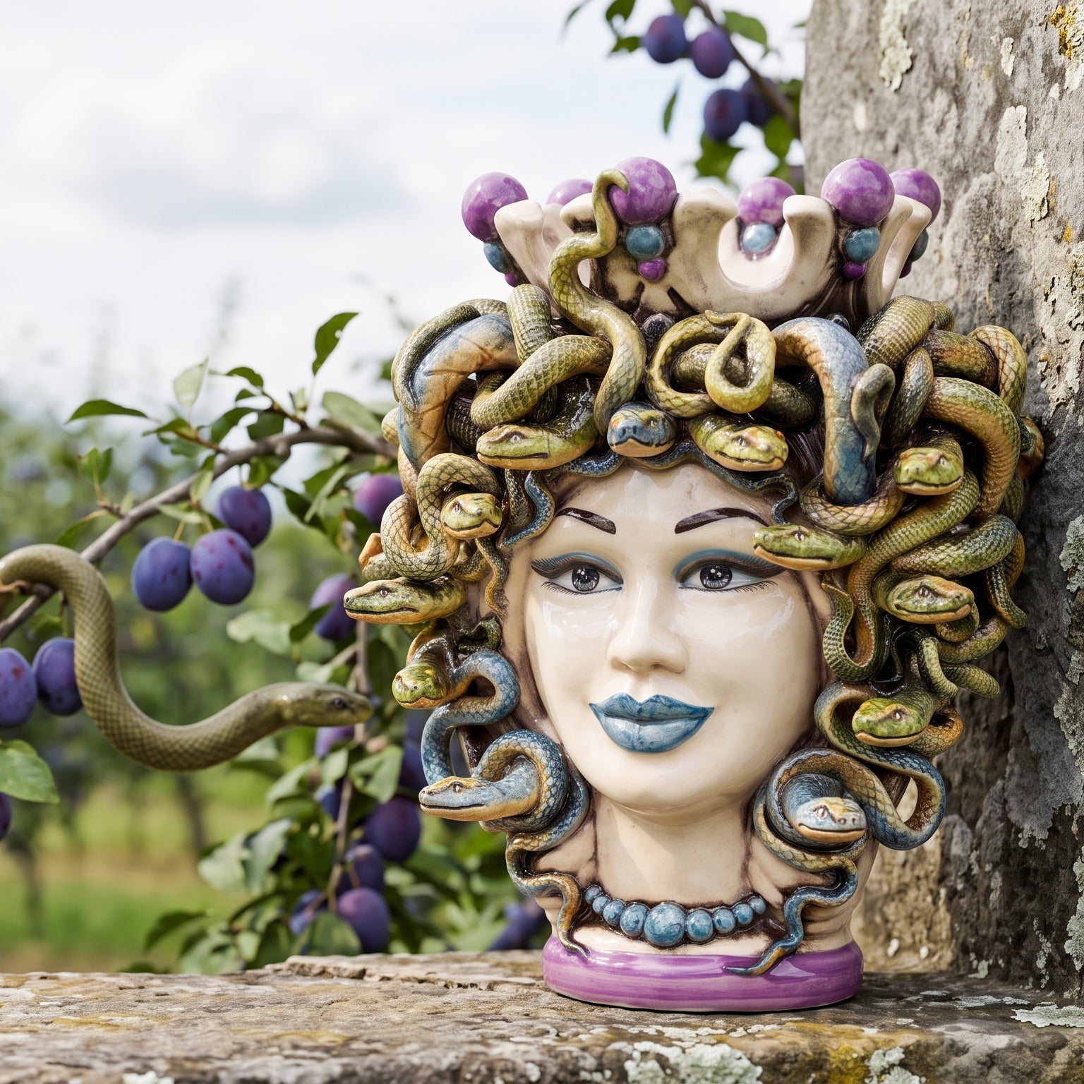 Testa di Moro Turban Medusa H 25 cm / 9¾" — Mother of Pearl with Wisteria Beads | Sicilian Ceramic