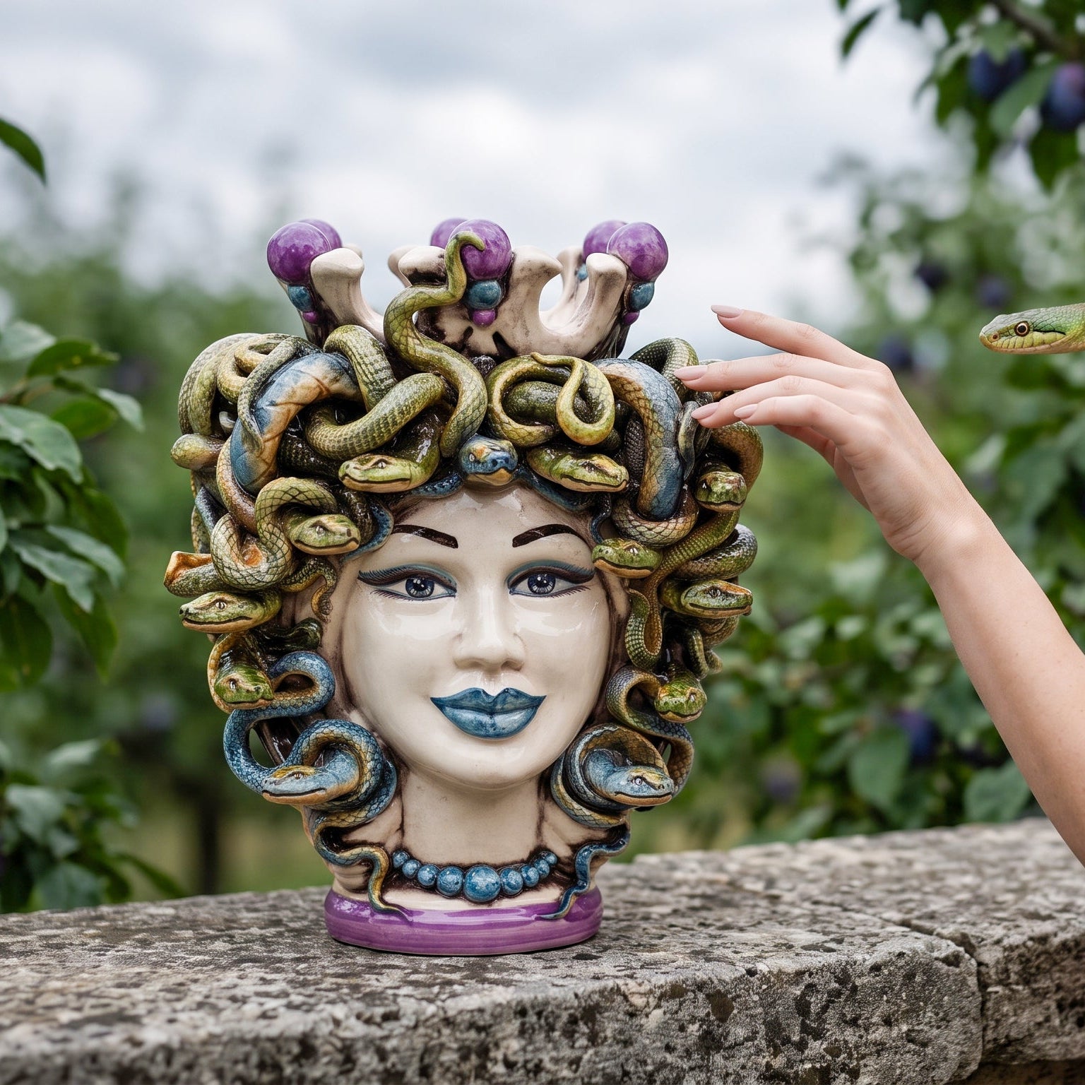 Testa di Moro Turban Medusa H 25 cm / 9¾" — Mother of Pearl with Wisteria Beads | Sicilian Ceramic