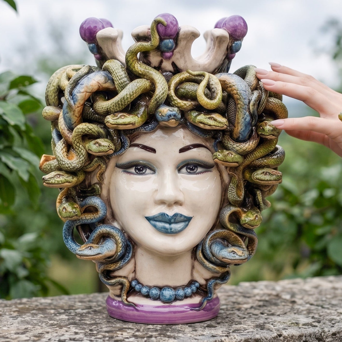 Testa di Moro Turban Medusa H 25 cm / 9¾" — Mother of Pearl with Wisteria Beads | Sicilian Ceramic