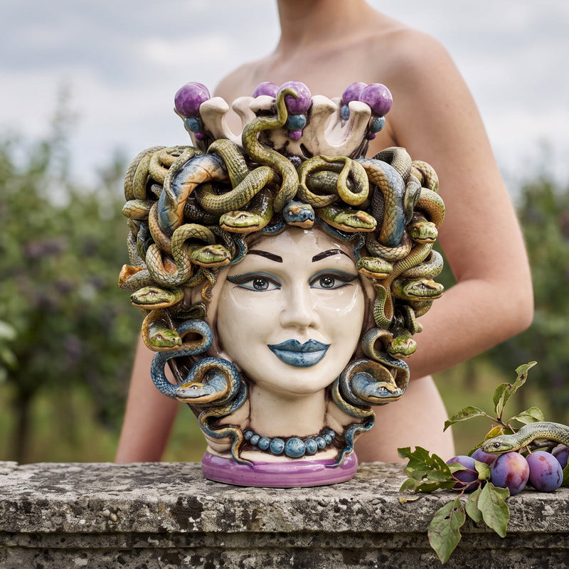 Testa di Moro Turban Medusa H 25 cm / 9¾" — Mother of Pearl with Wisteria Beads | Sicilian Ceramic