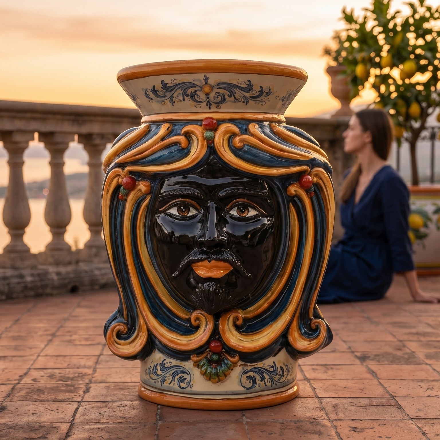 Sicilian Ceramic Ottoman, Blue and Orange – Caltagirone Ceramic – Sicilian artisan tradition