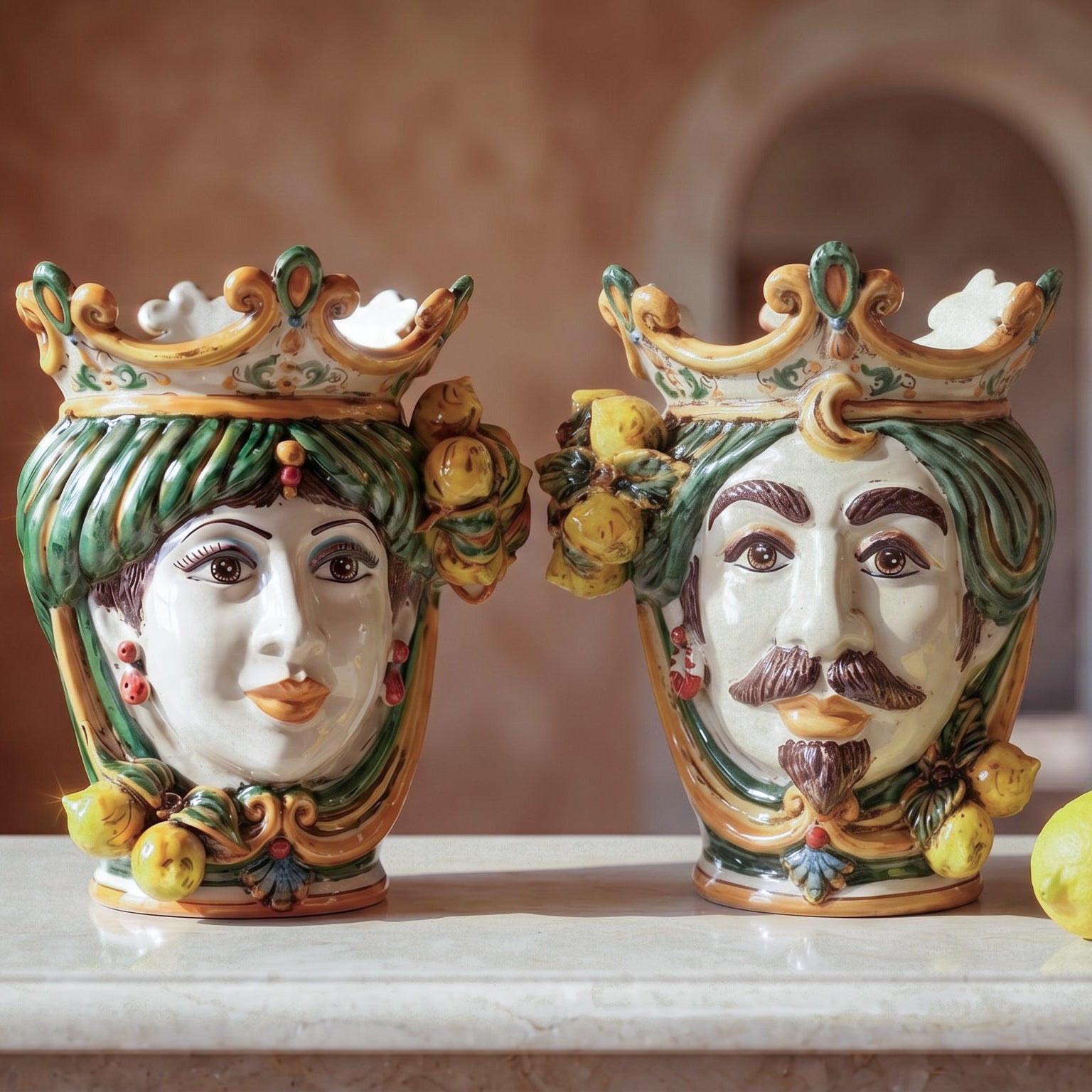 Sicilian Moor's Head with Lemons H 25 cm / 9.8", White Man, Green and Orange – Testa di Moro from Caltagirone, Sicily