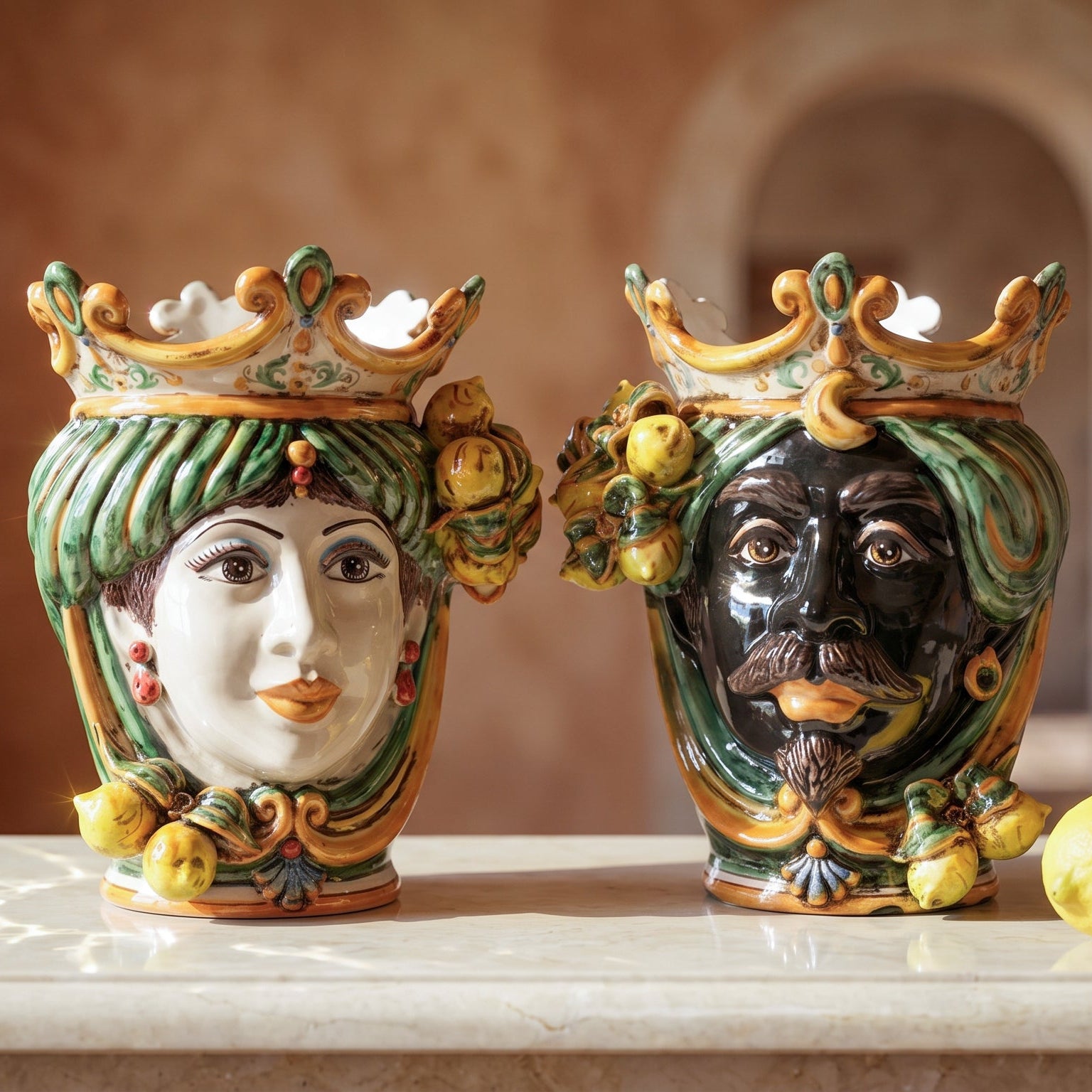 Sicilian Head Vase with Lemons H 25 cm / 9.8", Woman, Green and Orange – Testa di Moro from Caltagirone, Sicily