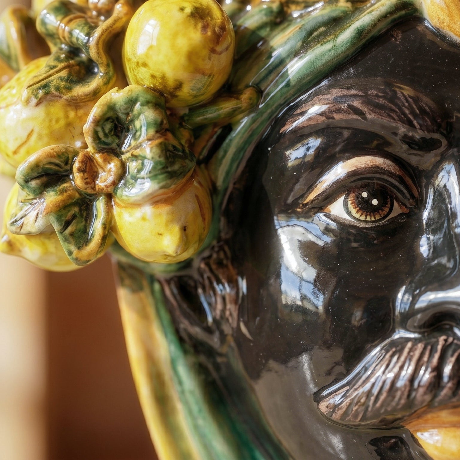 Caltagirone Moor's Head Vase h 25 cm — Moro Male, Green and Orange, Sicilian Lemons | Ceramica Caltagirone