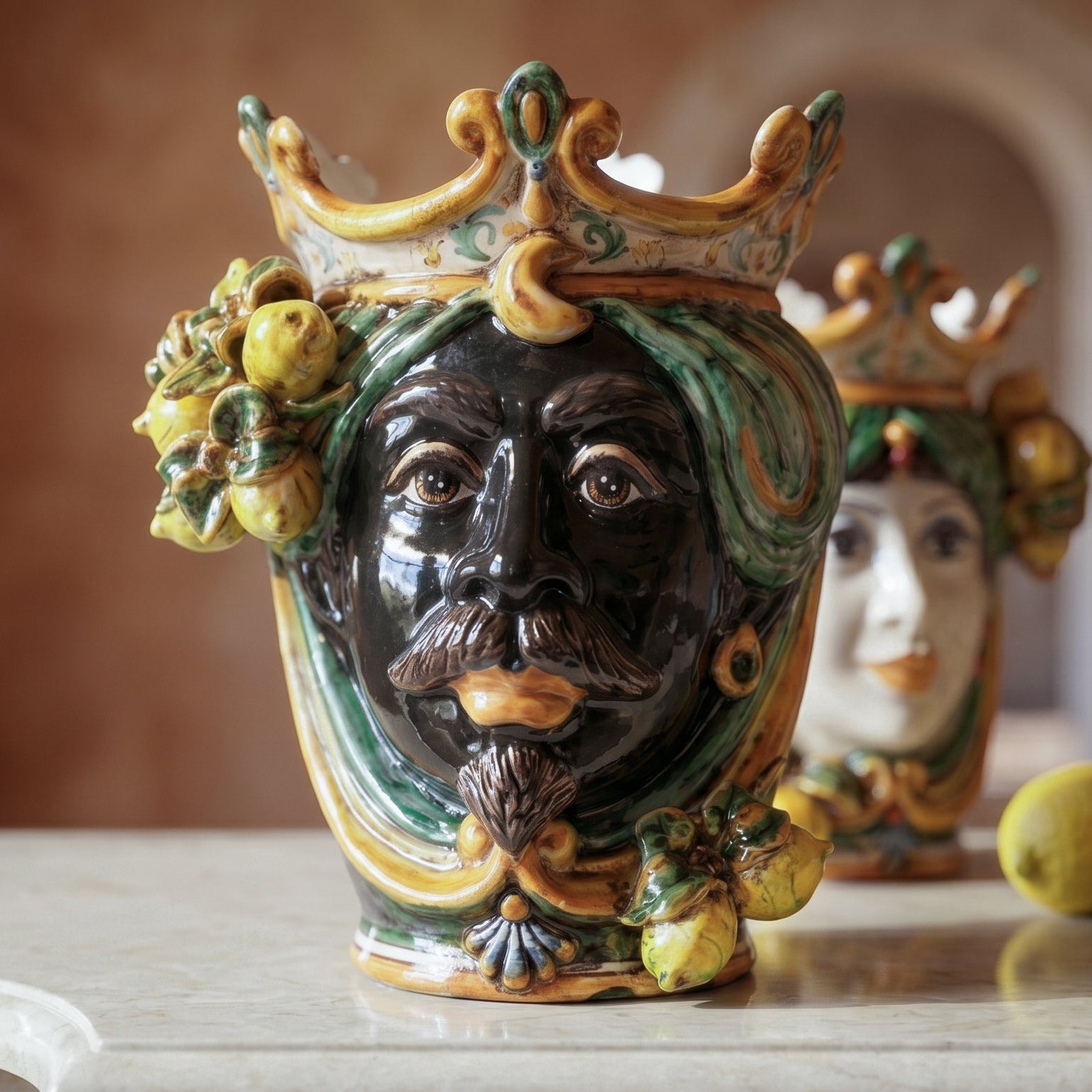 Caltagirone Moor's Head Vase h 25 cm — Moro Male, Green and Orange, Sicilian Lemons | Ceramica Caltagirone
