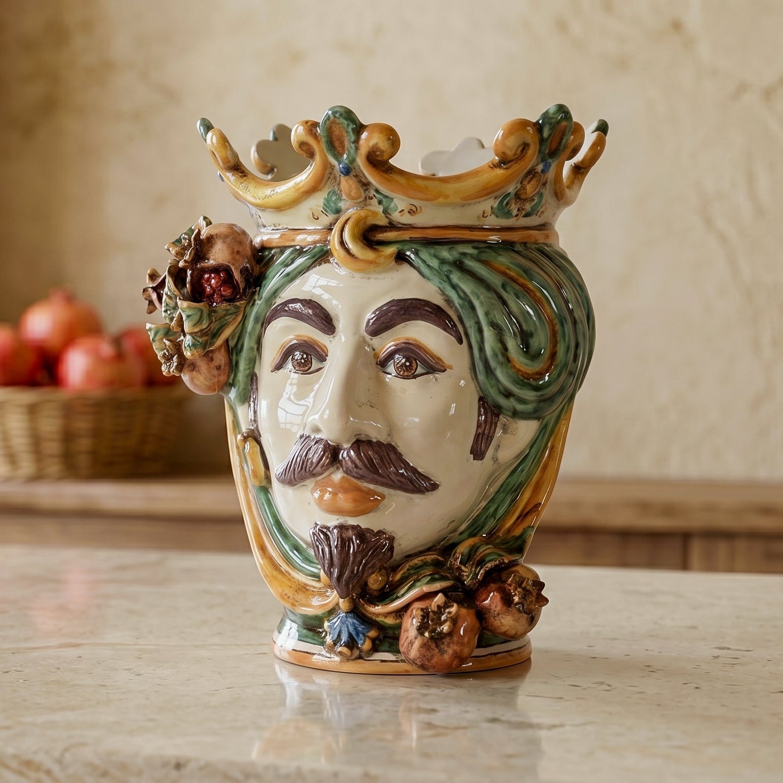 Ceramic Head with pomegranate h 25 green/orange male