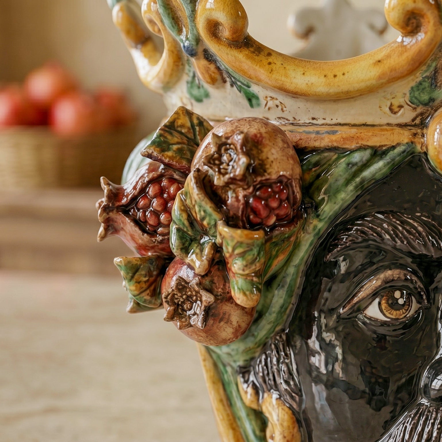 Ceramic Head with pomegranate h 25 green/orange male