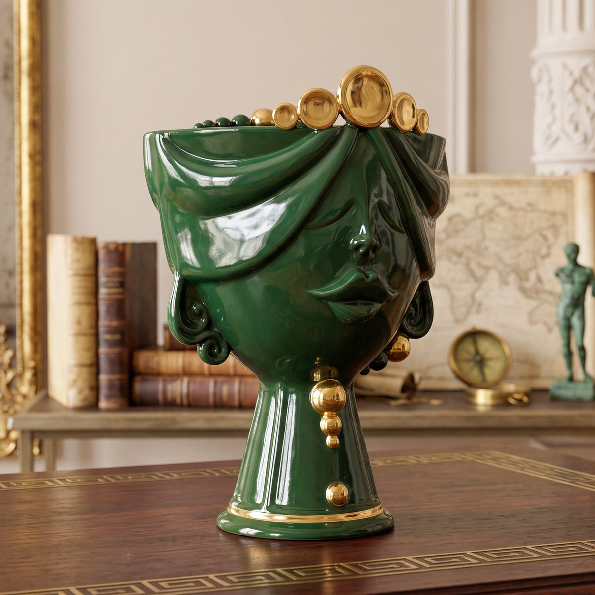 Zahira Testa di Moro Vase H 30 cm / 11.8", Woman, Green and Gold – Testa di Moro from Caltagirone, Sicily