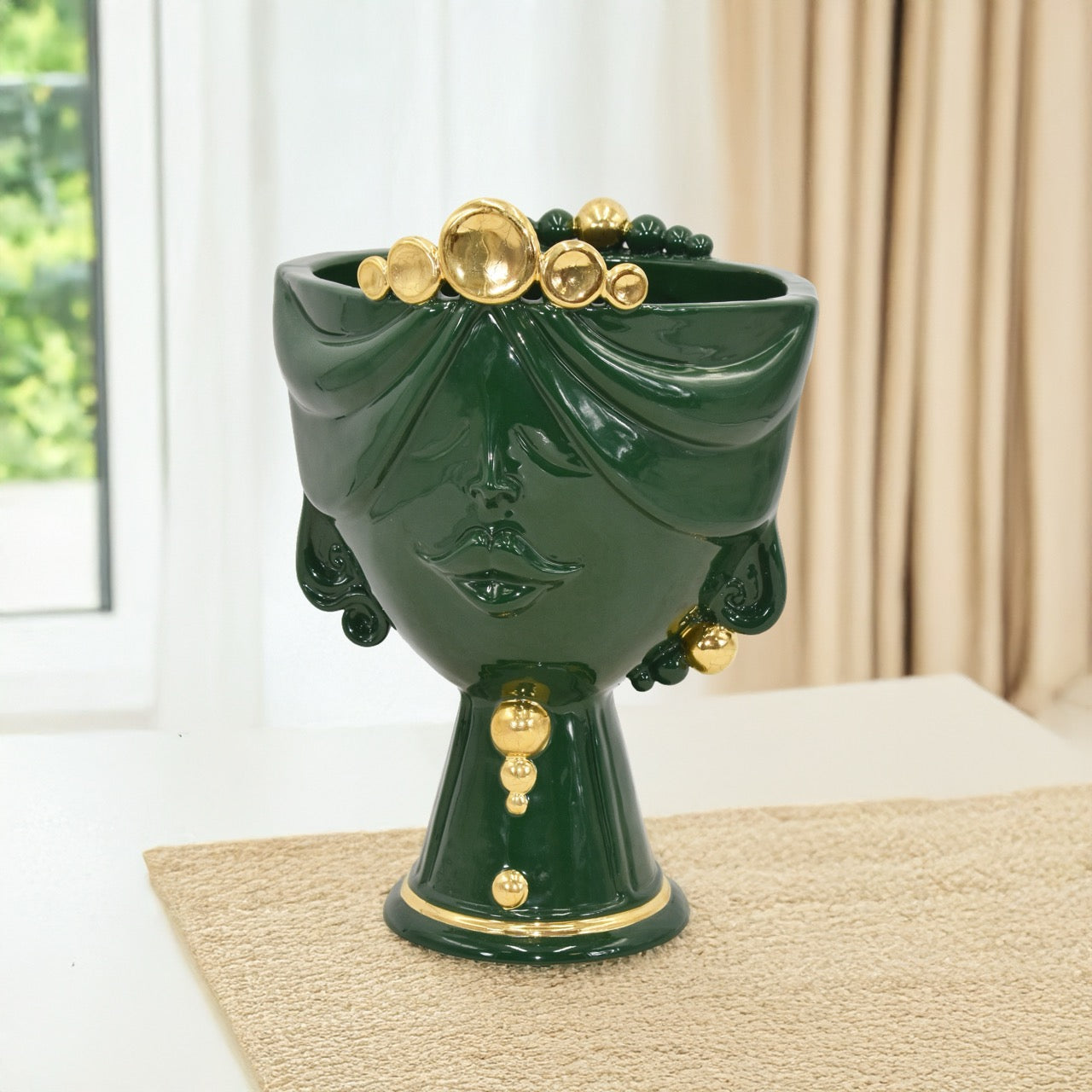 Moor's Head Woman in Caltagirone Ceramic | Zahira Green and Gold h 30 cm