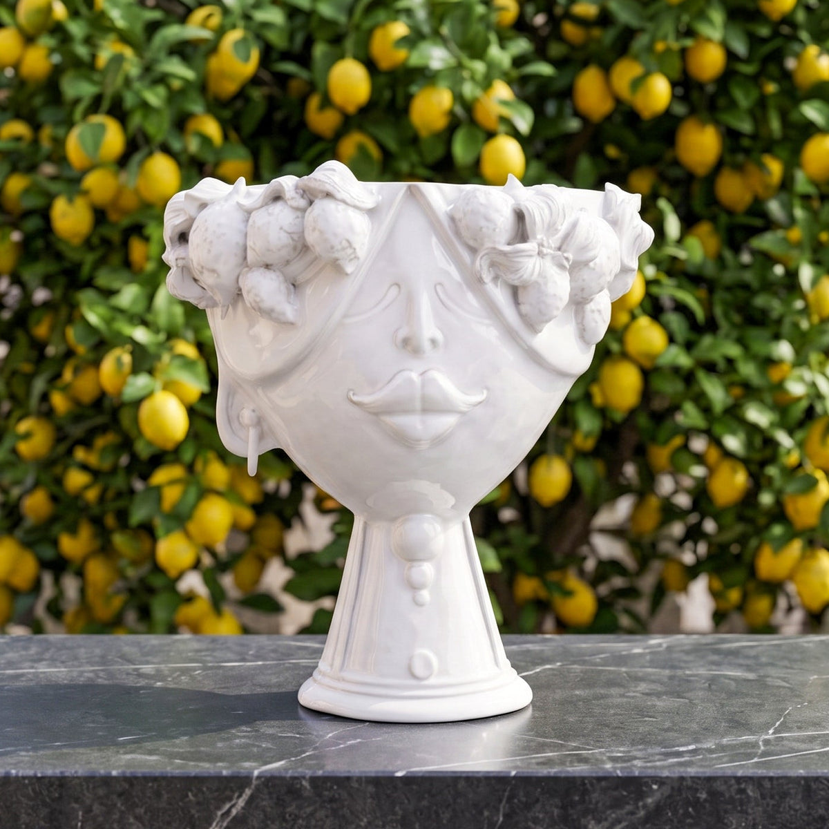 Sicilian Moor's Head with Lemons H 30 cm / 11.8", Woman, White Line – Testa di Moro from Caltagirone, Sicily