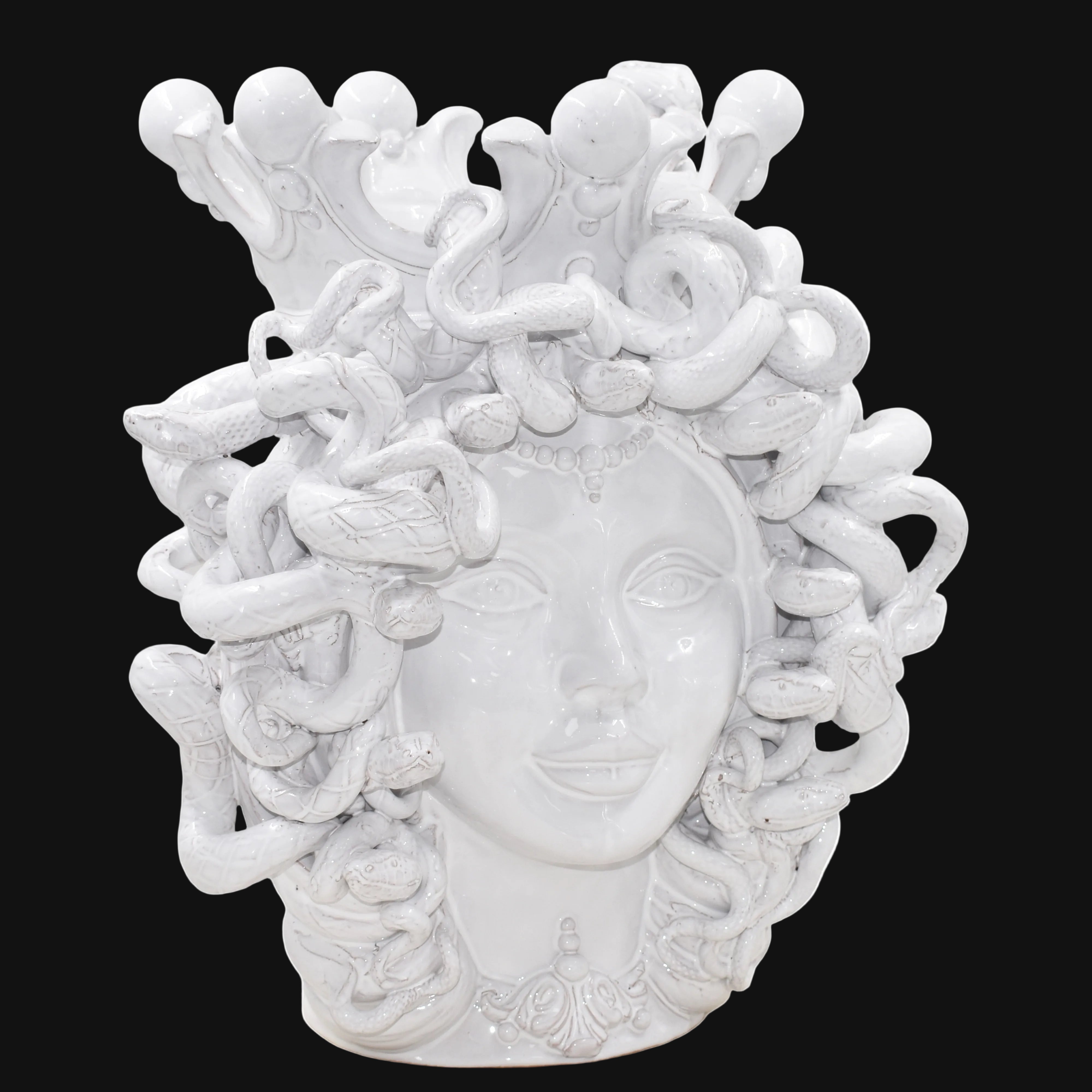 Sicilian Medusa Head Vase h 38 cm / 15¾" — White Line | Testa di Moro from Caltagirone, Sicily