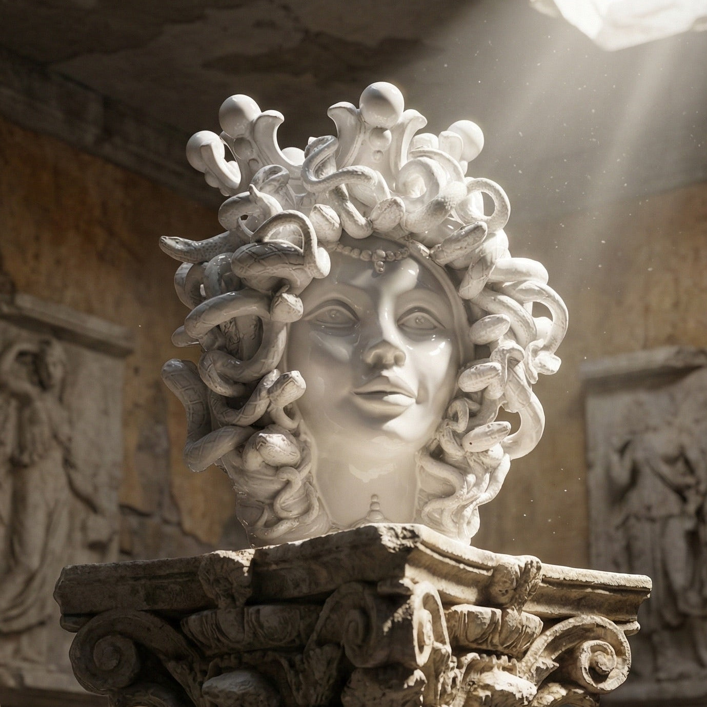 Sicilian Medusa Head Vase h 38 cm / 15¾" — White Line | Testa di Moro from Caltagirone, Sicily