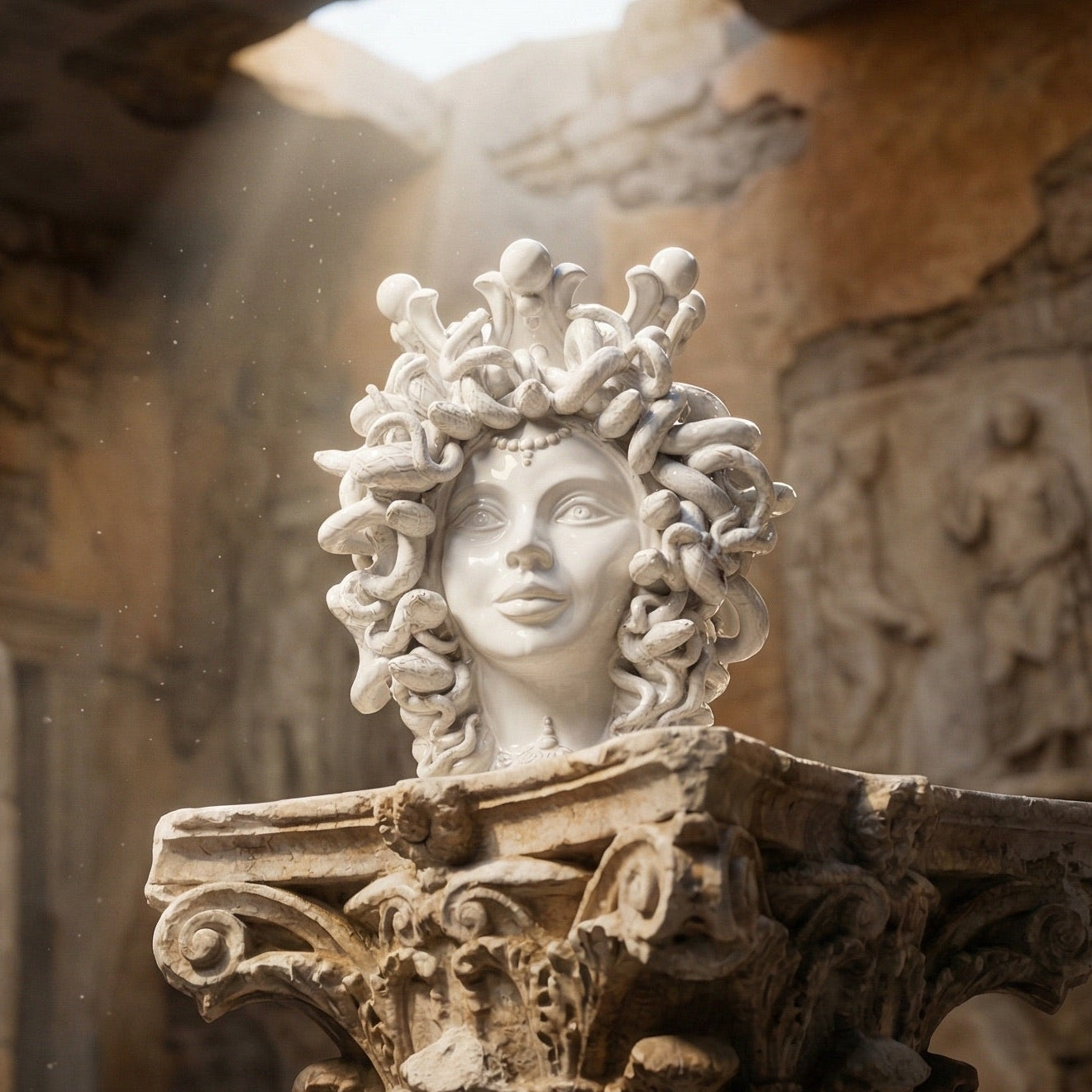 Sicilian Medusa Head Vase h 38 cm / 15¾" — White Line | Testa di Moro from Caltagirone, Sicily