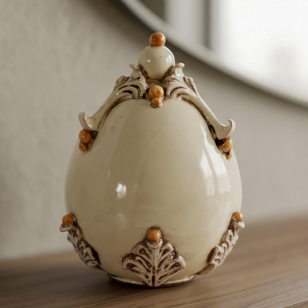 Sicilian Decorative Ceramic Egg h 22 cm / 8¾", Plastico Sofia, Ivory and Orange – Sicilian majolica handcrafted in Caltagirone