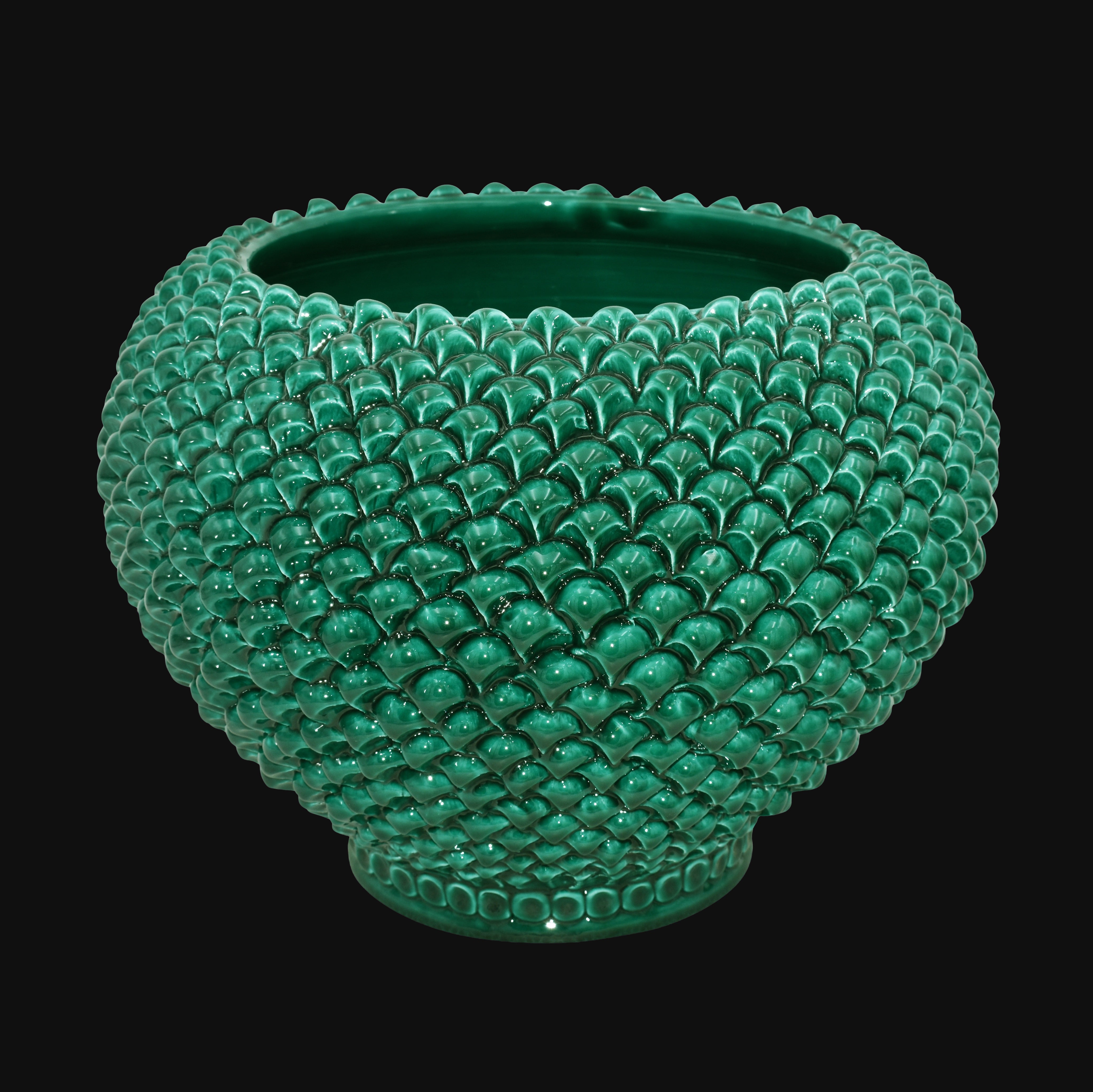 Emerald Green Pine Cone Cachepot in Handmade Caltagirone Ceramic
