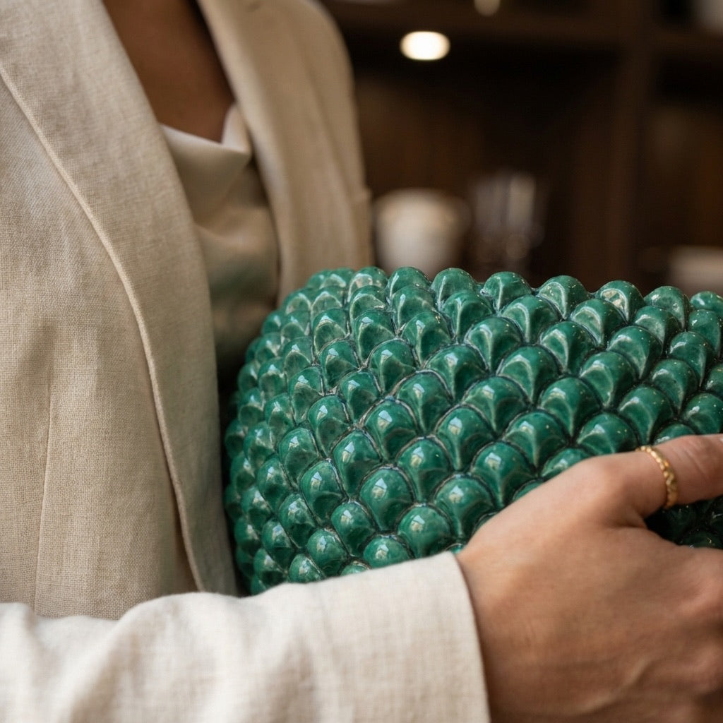 Emerald Green Pine Cone Cachepot in Handmade Caltagirone Ceramic