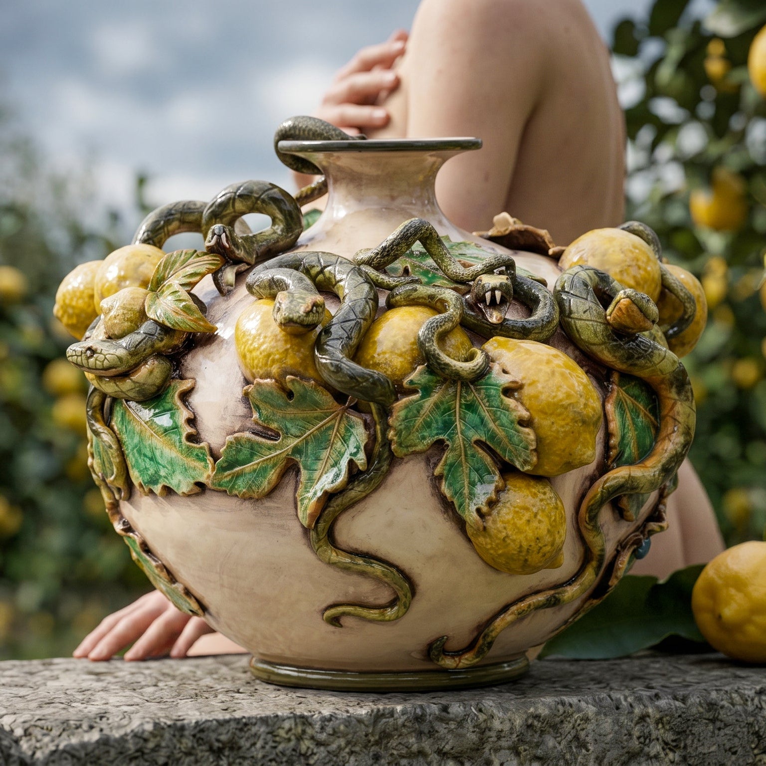 Caltagirone Ceramic Round Vase with Applied Lemons — Giardini dell'Eden Line, Mother of Pearl