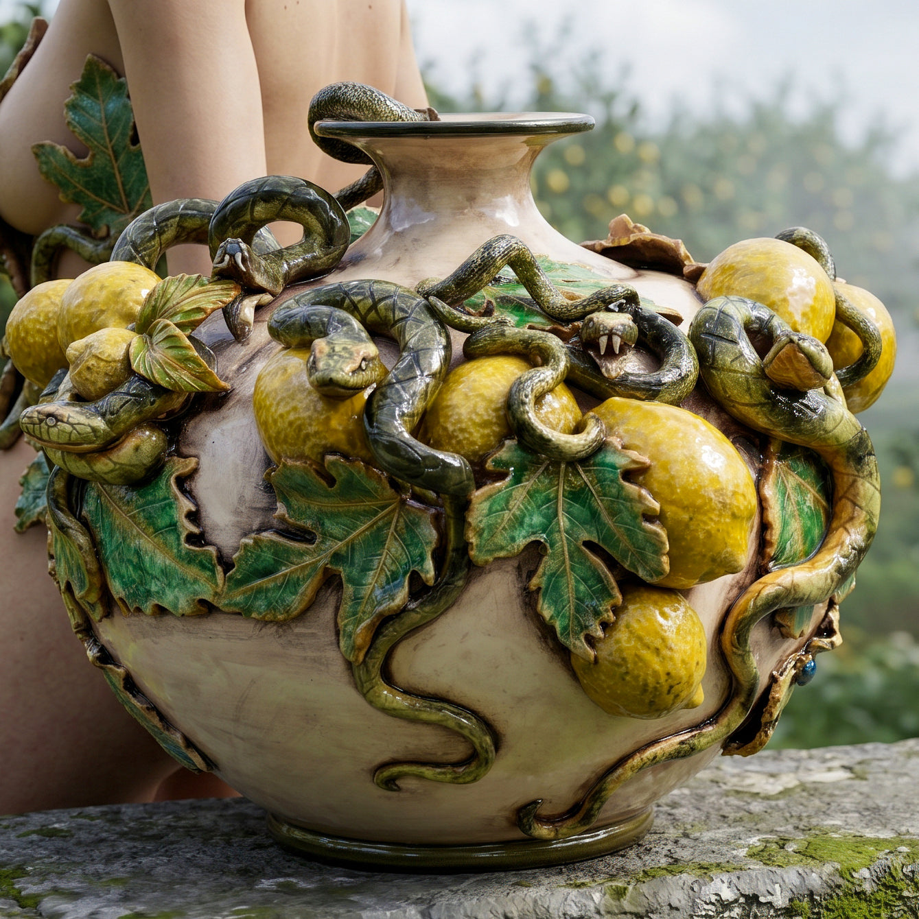Caltagirone Ceramic Round Vase with Applied Lemons — Giardini dell'Eden Line, Mother of Pearl