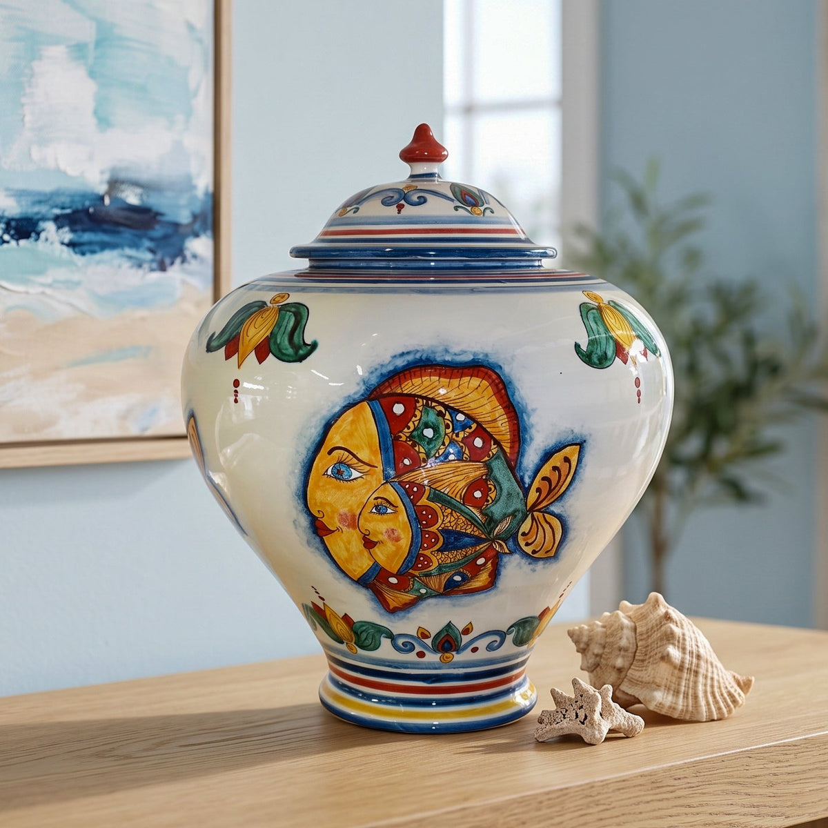 Italian Potiche Vase H 25/35 cm / 9¾-13¾", Fish Decoration – Italian ceramic from Caltagirone, Sicily
