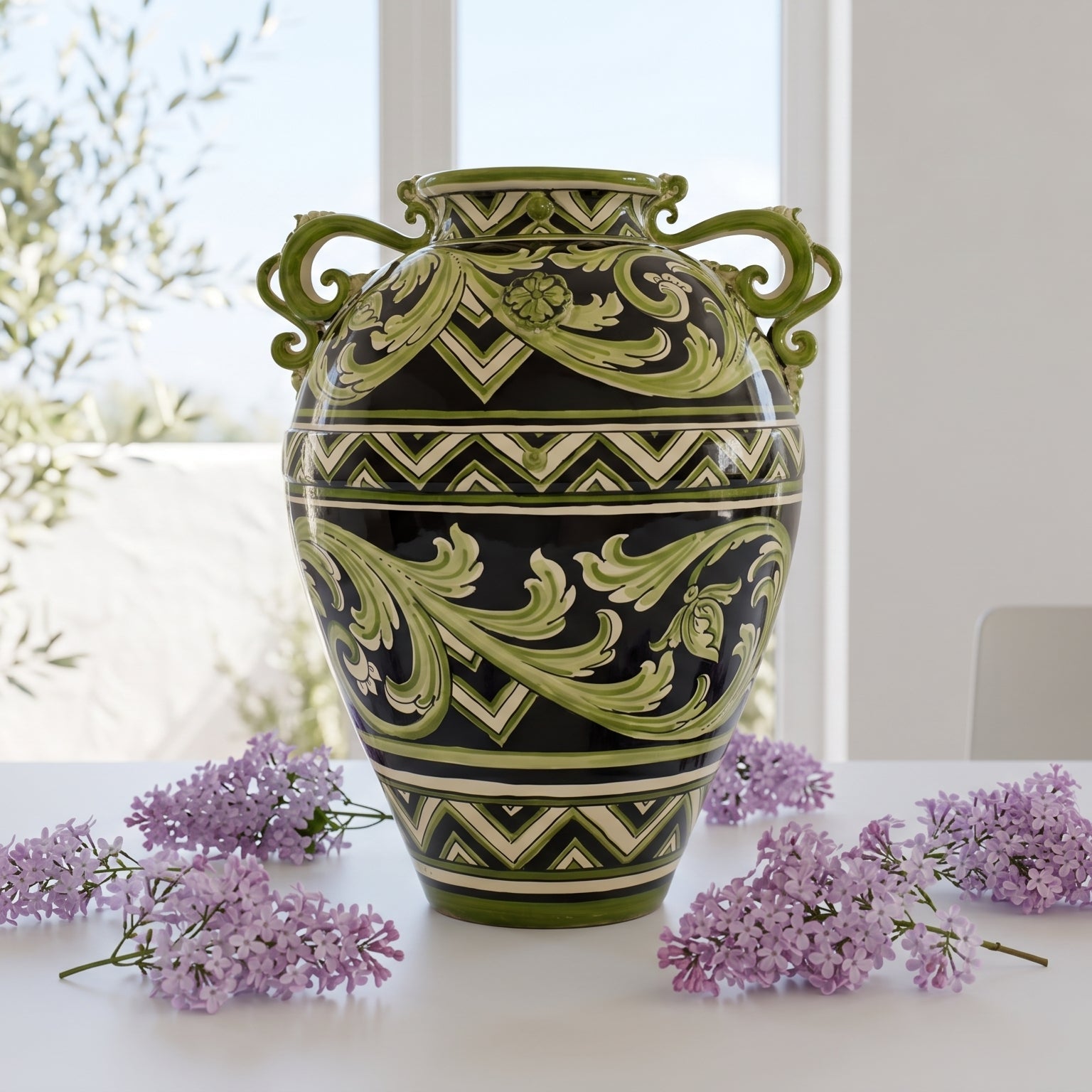 Caltagirone Ceramic Vase H 50 cm / 19¾" — Parigi Line Black and Green
