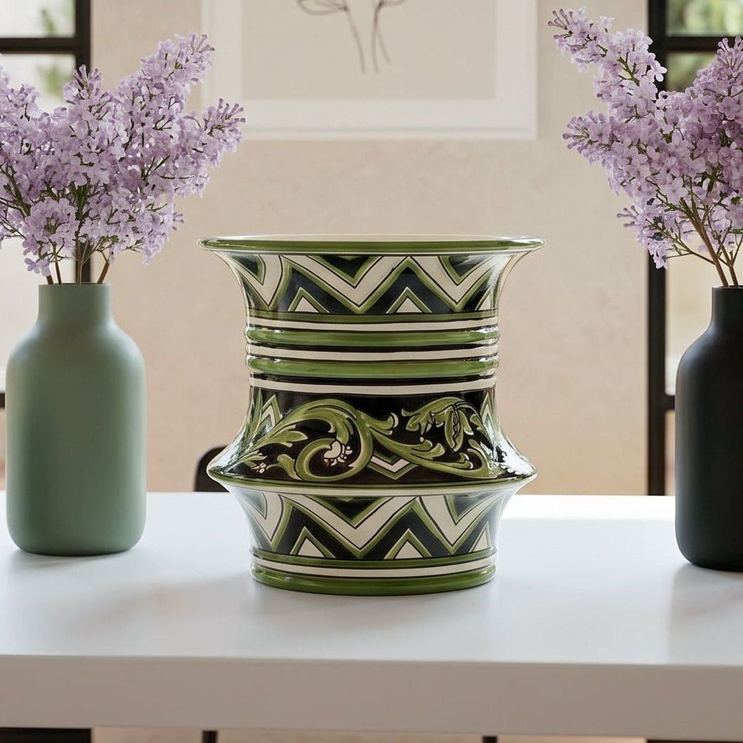 Caltagirone Ceramic Centerpiece Vase H 25 cm / 9¾" Ø 23 cm — Parigi Line Black and Green