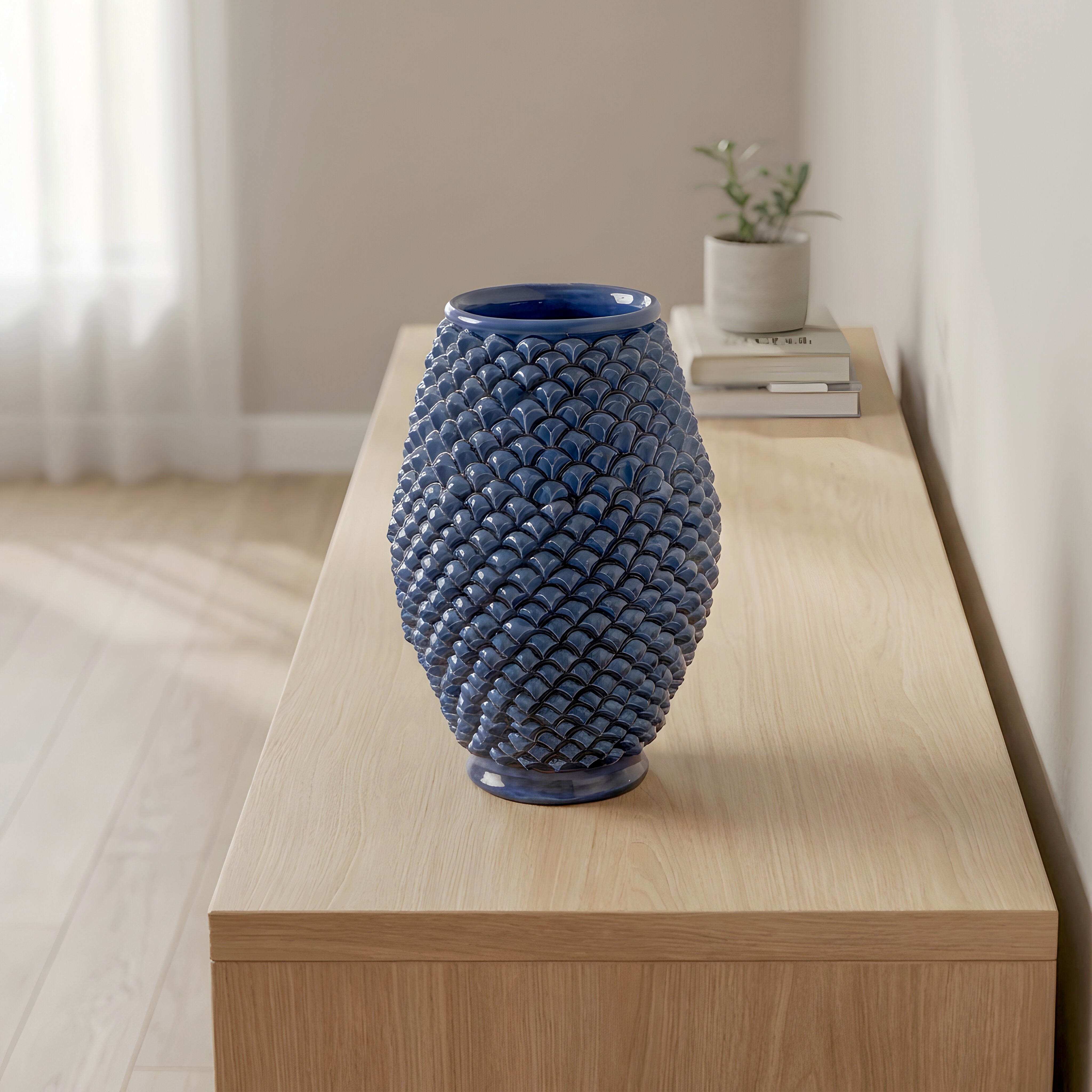 Caltagirone handmade pinecone vase modeled by hand height 25 in integral blue