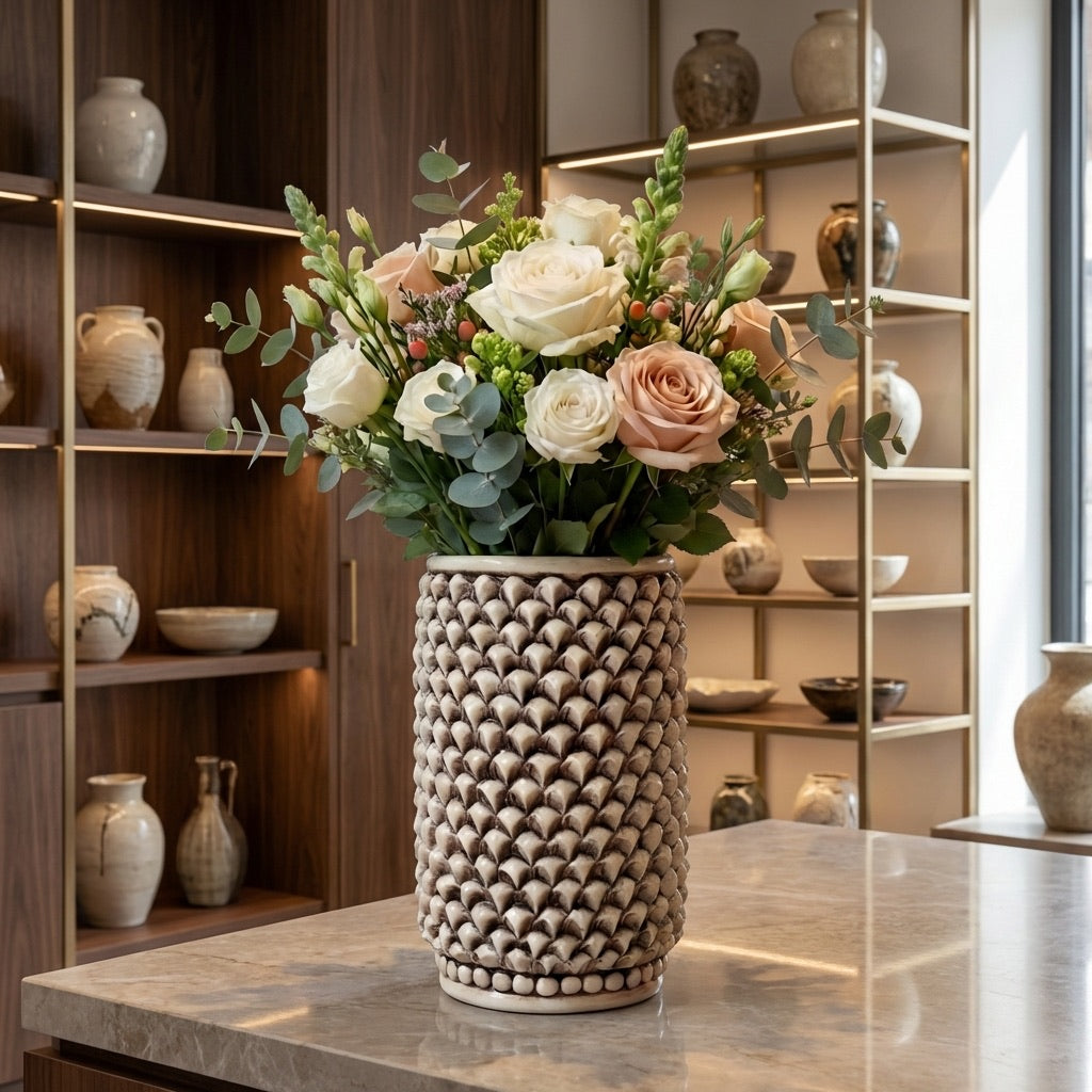 Hand-molded cylindrical pine cone vase in mother-of-pearl finish