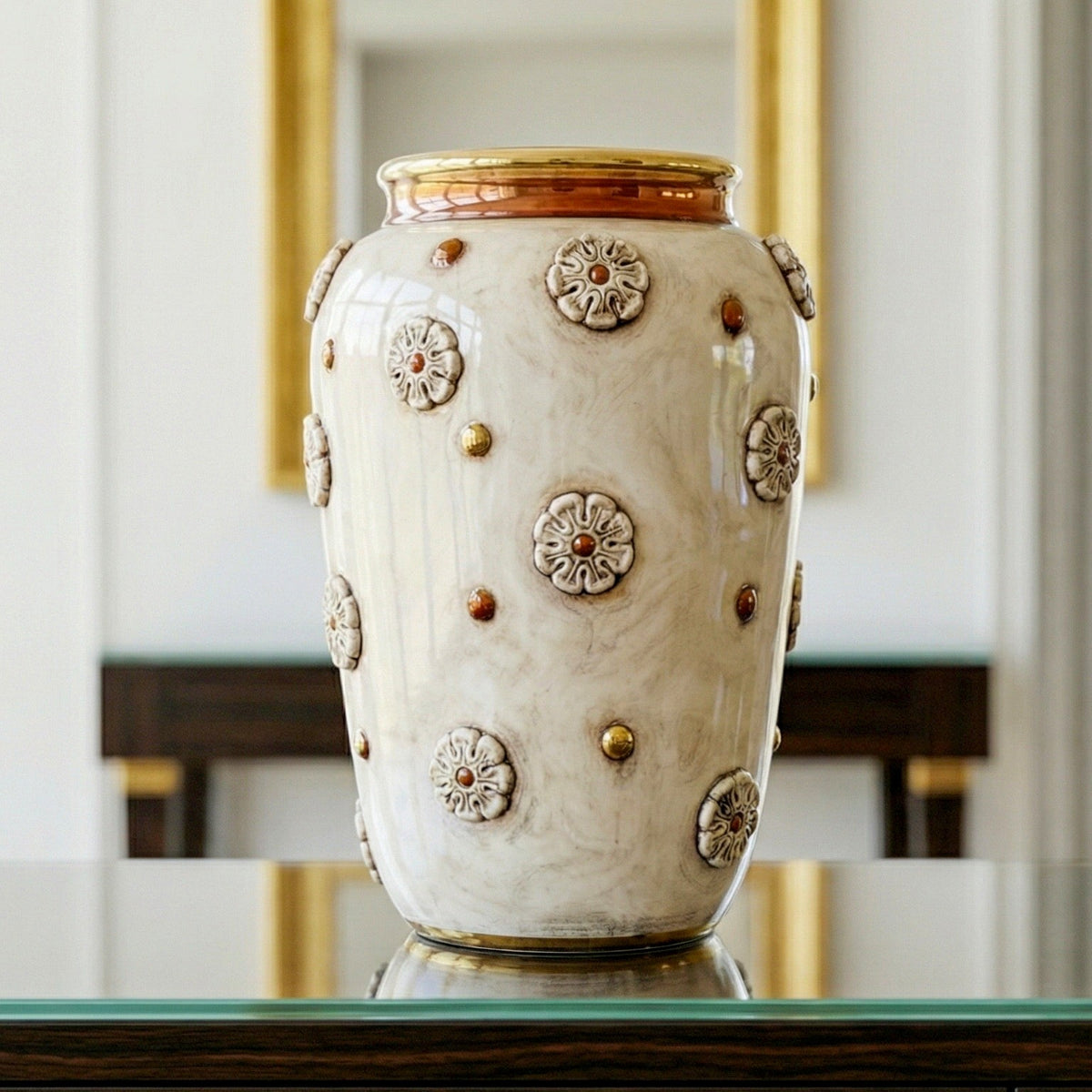 Italian Ceramic Vase with Rosette H 37 cm / 14½", Antique Mother of Pearl, Gold and Lustre – Sicilian majolica handcrafted in Caltagirone