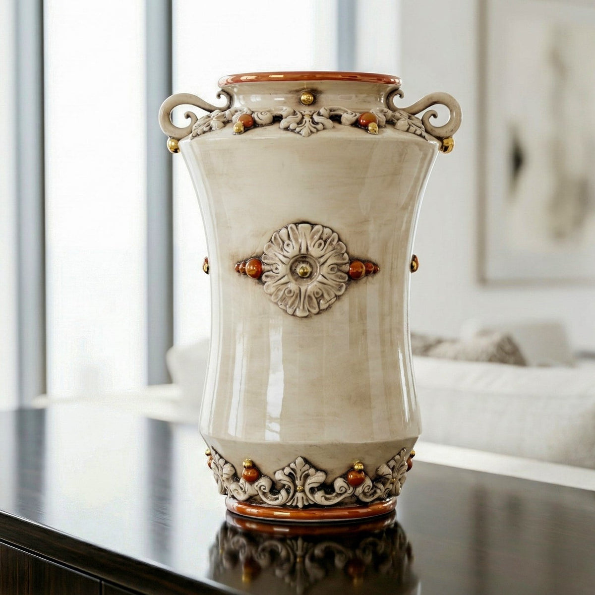 Albarello Vase Apothecary Jar with Handles H 35 cm / 13¾", Plastico Sofia, Antique Mother of Pearl, Gold and Lustre – Italian ceramic from Caltagirone, Sicily