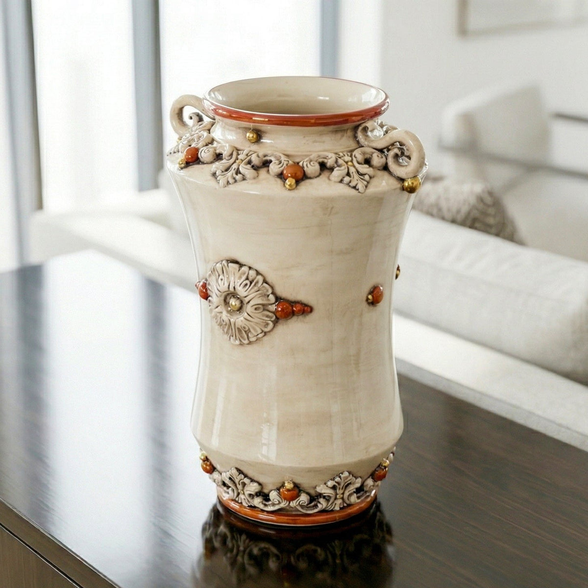 Albarello Vase Apothecary Jar with Handles H 35 cm / 13¾", Plastico Sofia, Antique Mother of Pearl, Gold and Lustre – Italian ceramic from Caltagirone, Sicily