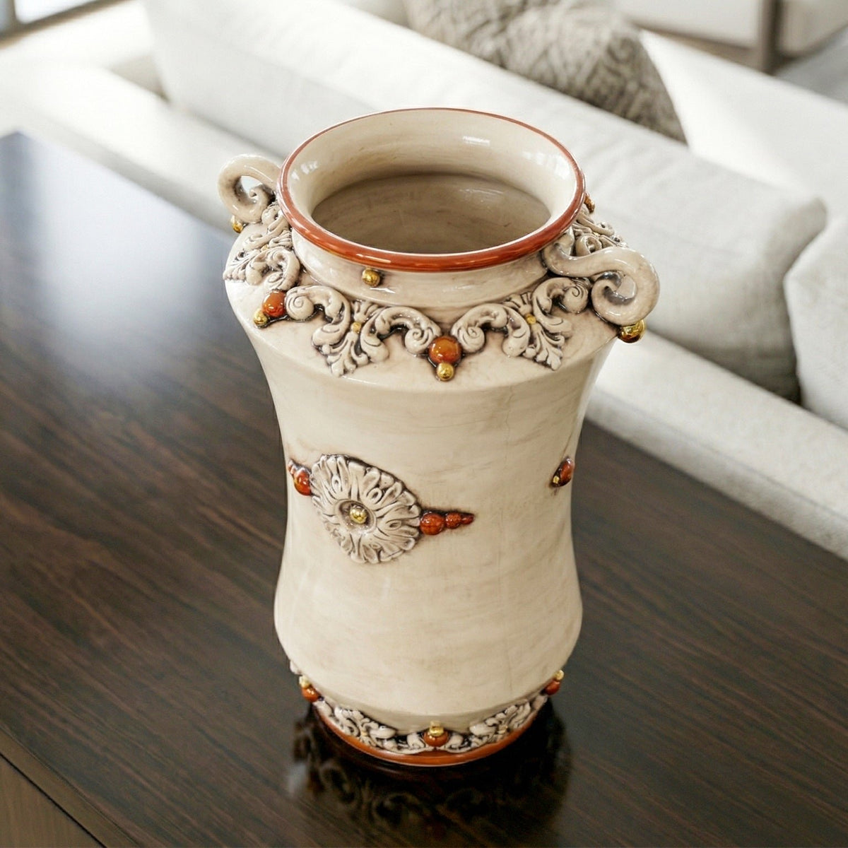 Albarello Vase Apothecary Jar with Handles H 35 cm / 13¾", Plastico Sofia, Antique Mother of Pearl, Gold and Lustre – Italian ceramic from Caltagirone, Sicily