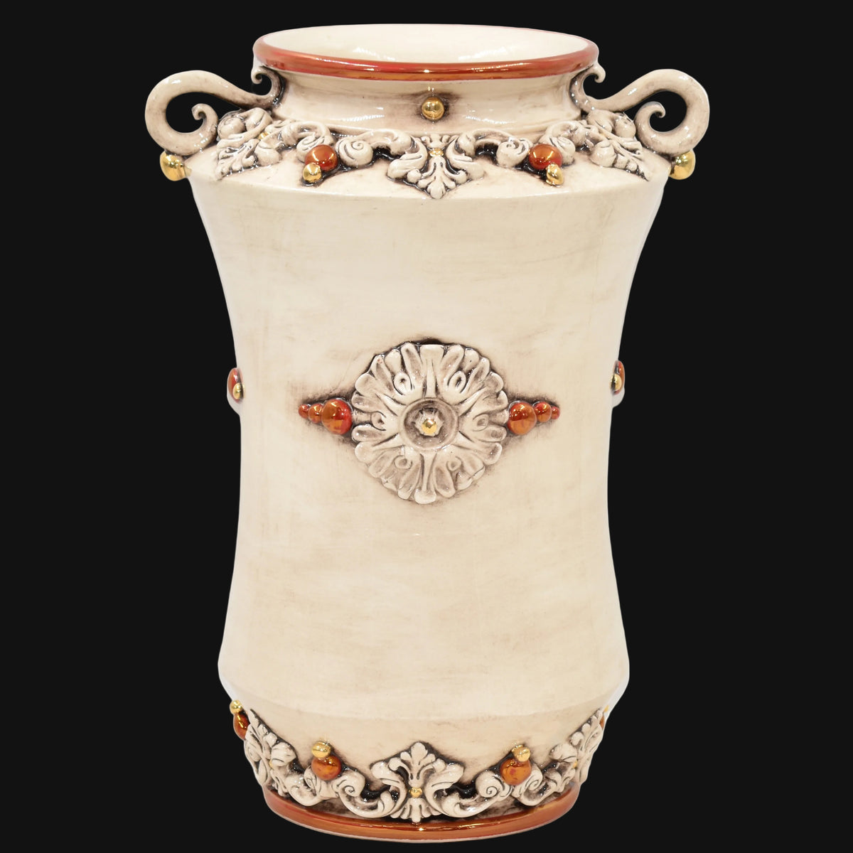 Albarello Vase Apothecary Jar with Handles H 35 cm / 13¾", Plastico Sofia, Antique Mother of Pearl, Gold and Lustre – Italian ceramic from Caltagirone, Sicily