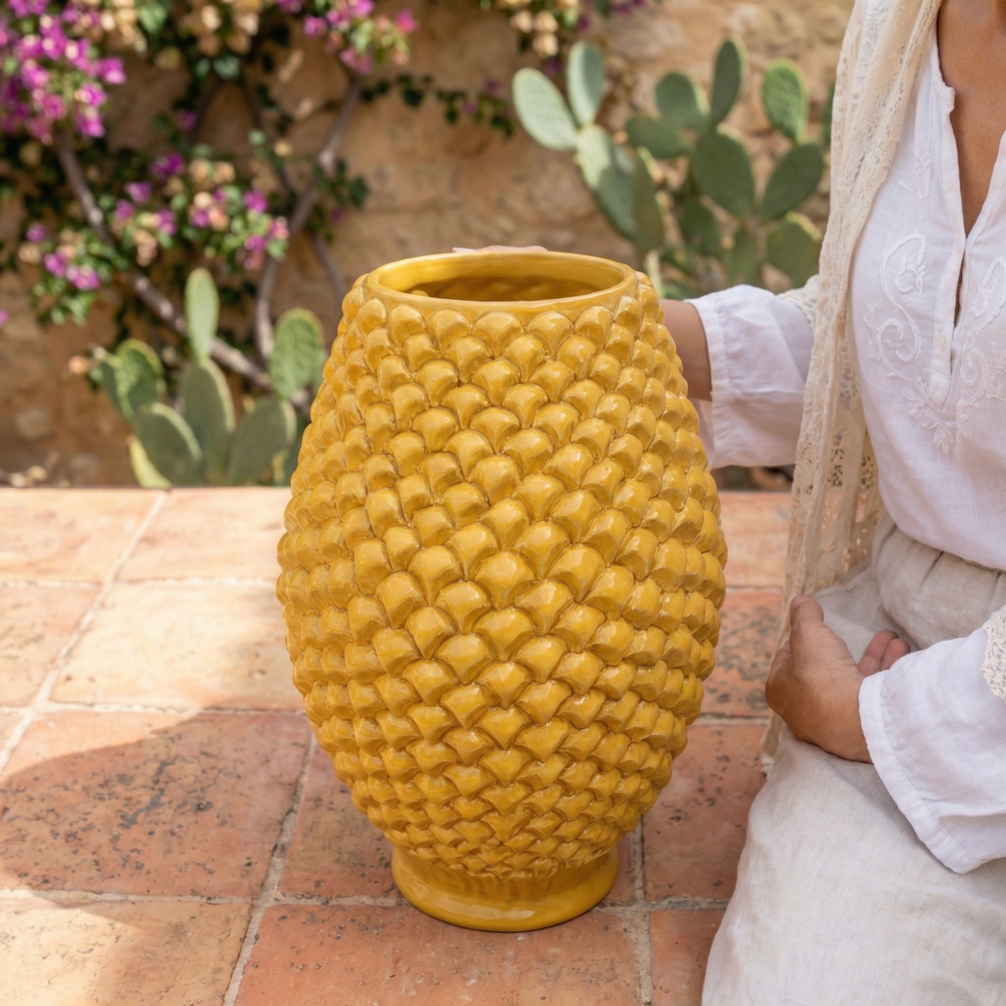 Caltagirone handmade pinecone vase modeled by hand height 25 cm in mustard