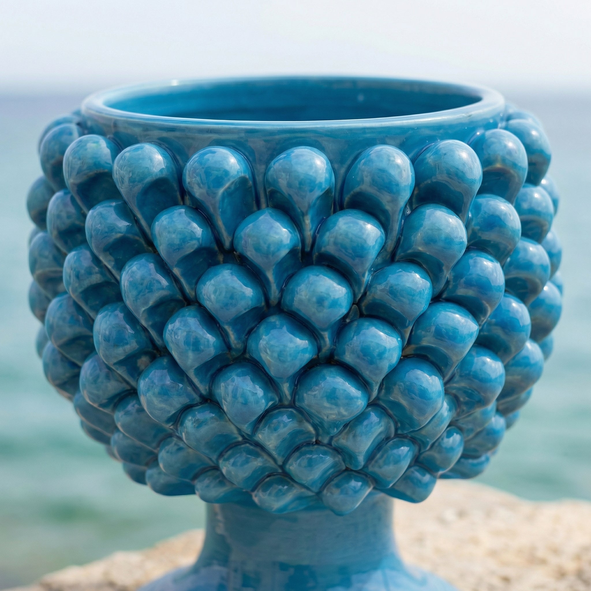 Half-pinecone turquoise ceramic vase from Caltagirone