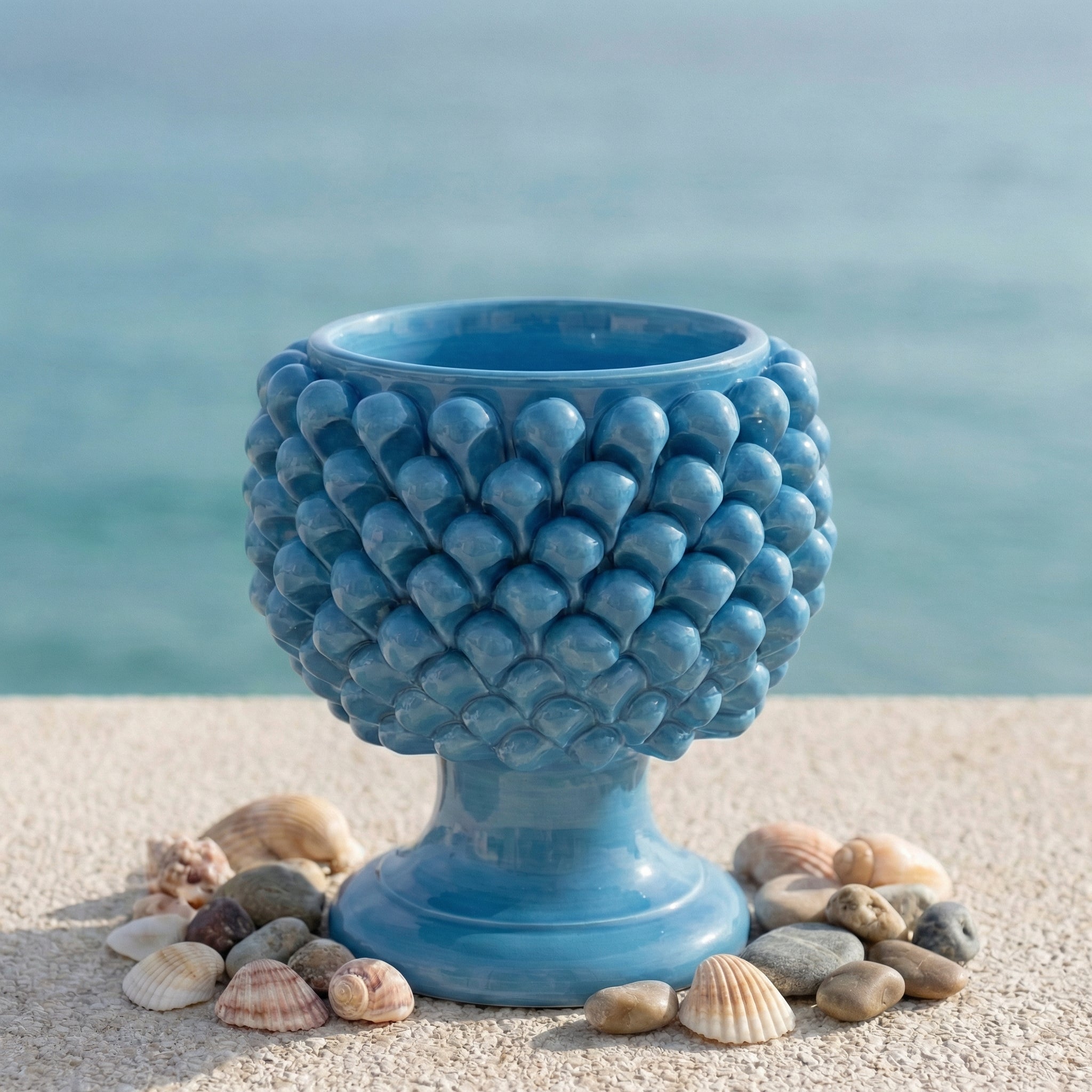 Half-pinecone turquoise ceramic vase from Caltagirone