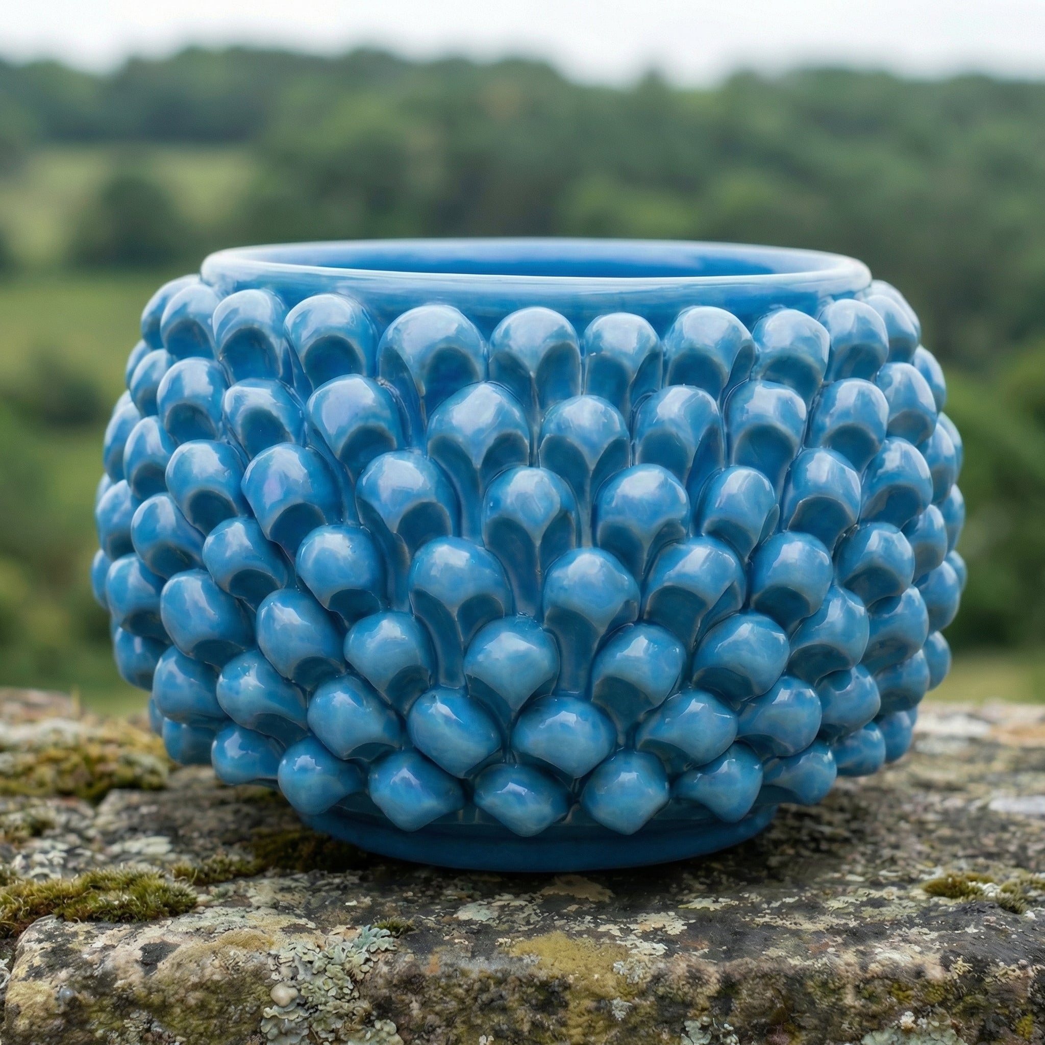 Half-pine cone vase without foot, turquoise, in Caltagirone ceramic