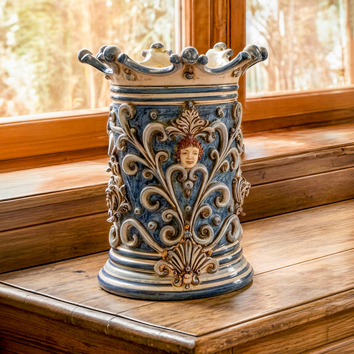 Umbrella stand tower with Greek relief angel in relief h 50 mono blue in limited series