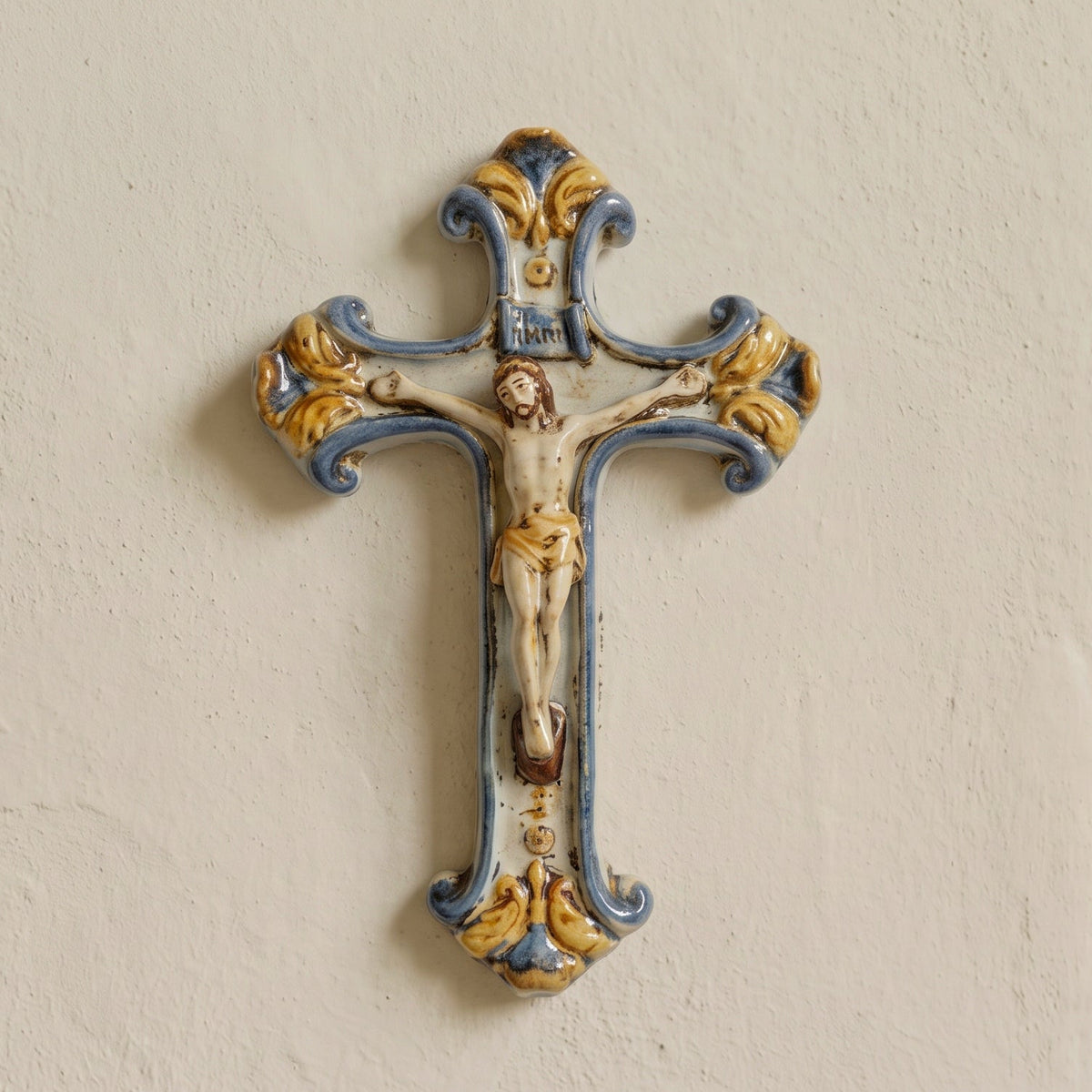 Sicilian Ceramic Crucifix 16×24 cm / 6×9", Blue and Orange – Sicilian religious tradition from Caltagirone